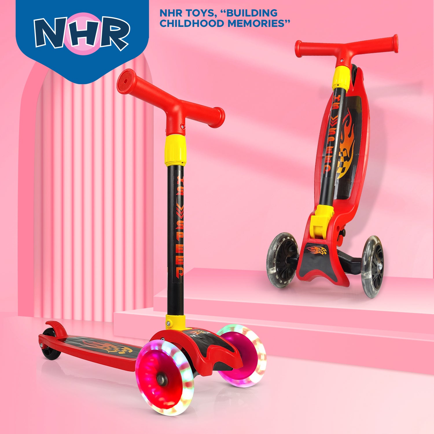 NHR 4 Level Adjustable Height Smart Kick Scooter With LED Light Up Wheels | Foldable Scooter With PU Wheelsand Brakes | Kick Scooter For Kids 2+ Year