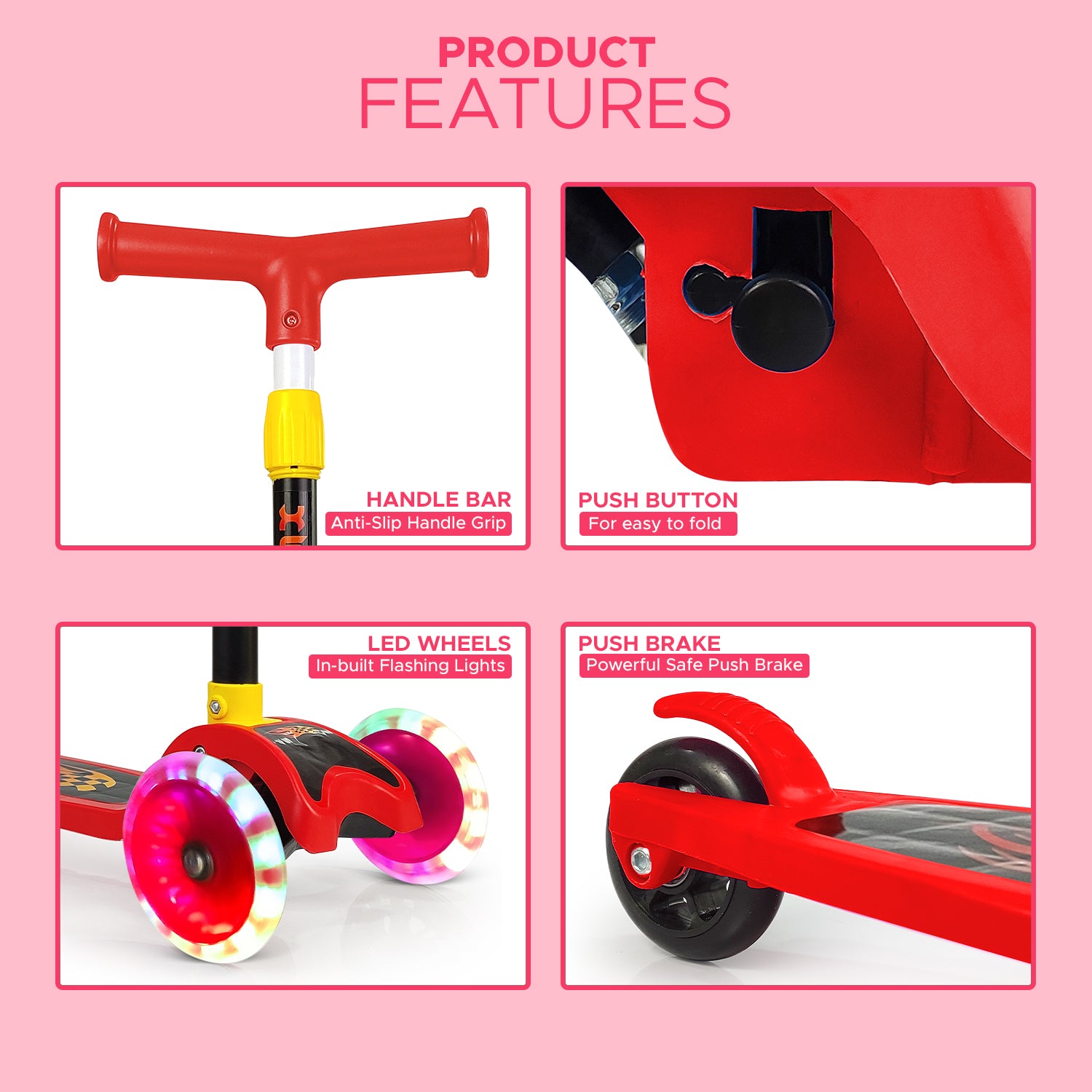 NHR 4 Level Adjustable Height Smart Kick Scooter With LED Light Up Wheels | Foldable Scooter With PU Wheelsand Brakes | Kick Scooter For Kids 2+ Year