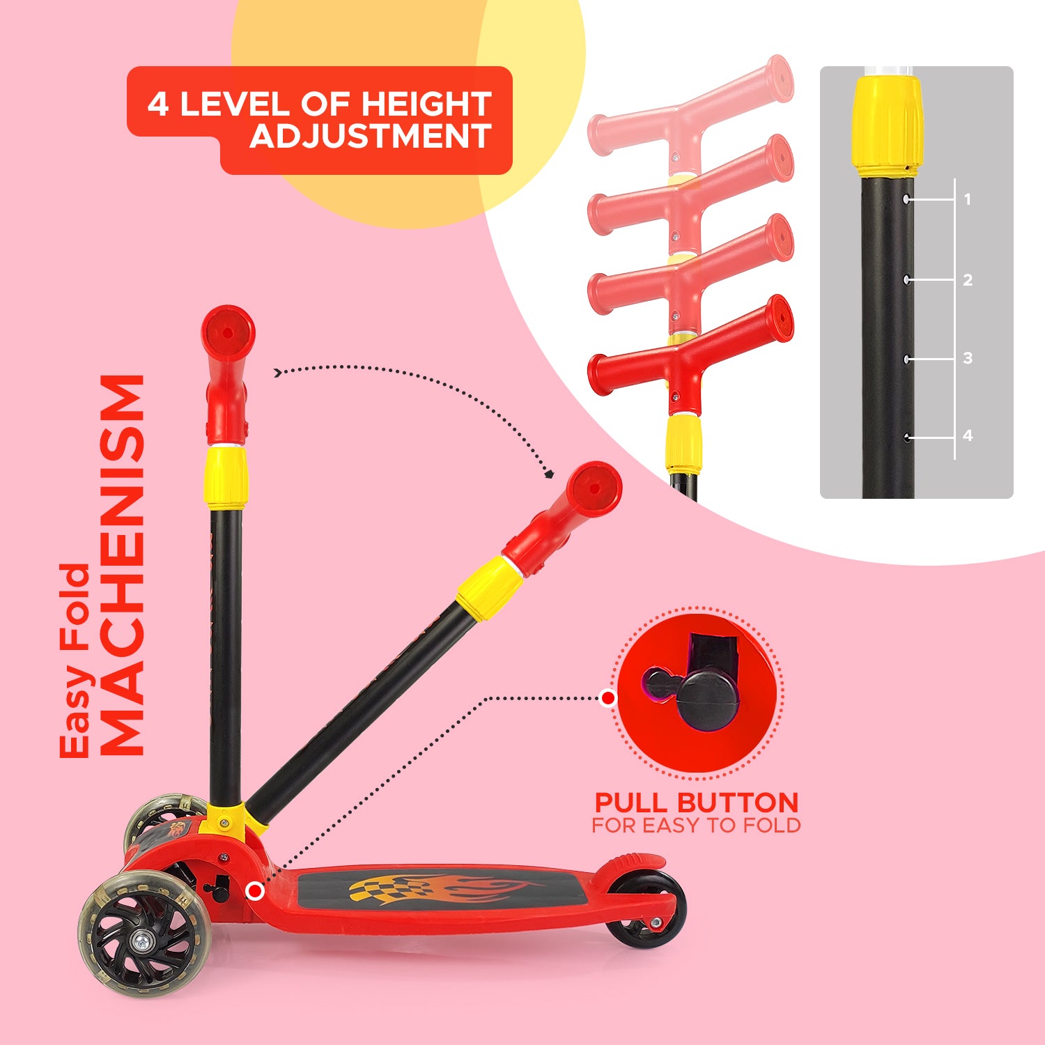 NHR 4 Level Adjustable Height Smart Kick Scooter With LED Light Up Wheels | Foldable Scooter With PU Wheelsand Brakes | Kick Scooter For Kids 2+ Year