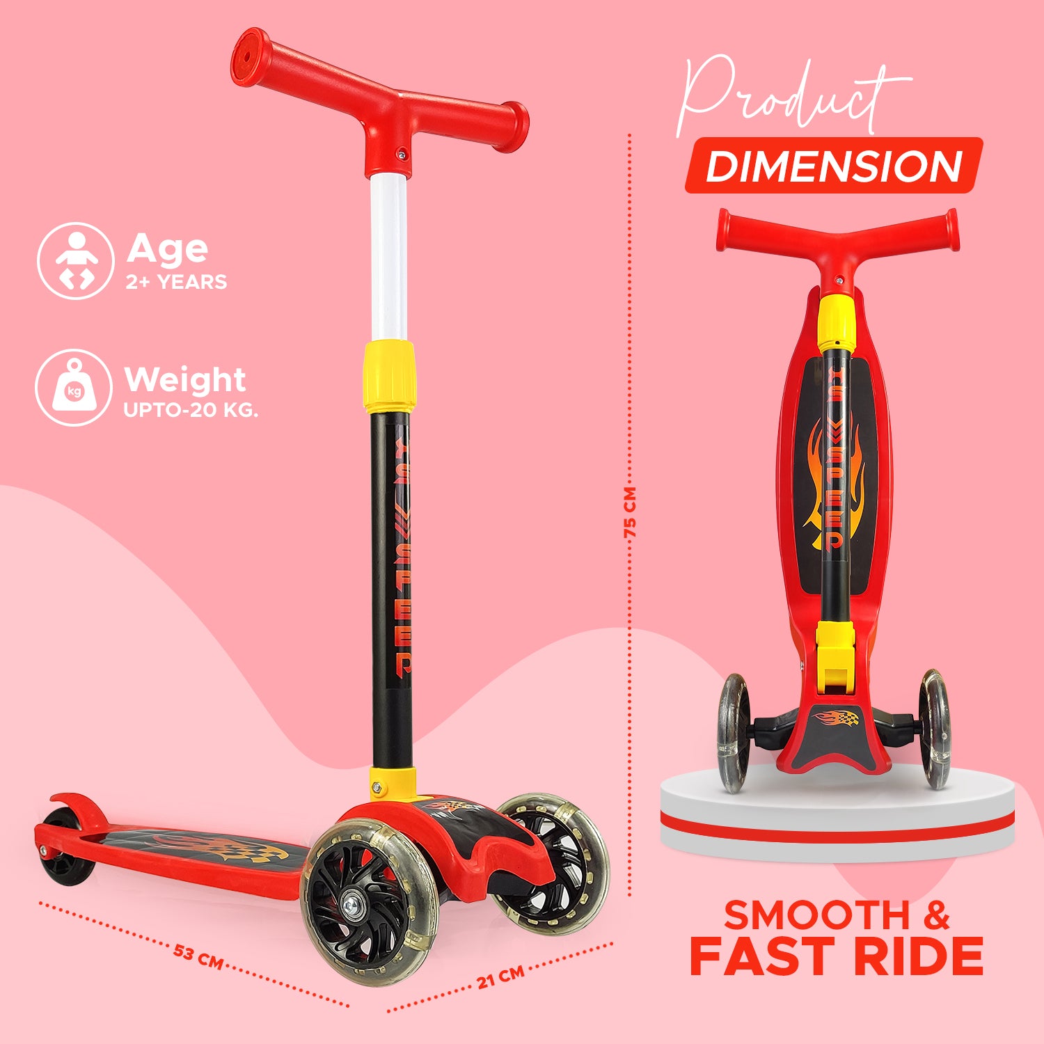 NHR 4 Level Adjustable Height Smart Kick Scooter With LED Light Up Wheels | Foldable Scooter With PU Wheelsand Brakes | Kick Scooter For Kids 2+ Year