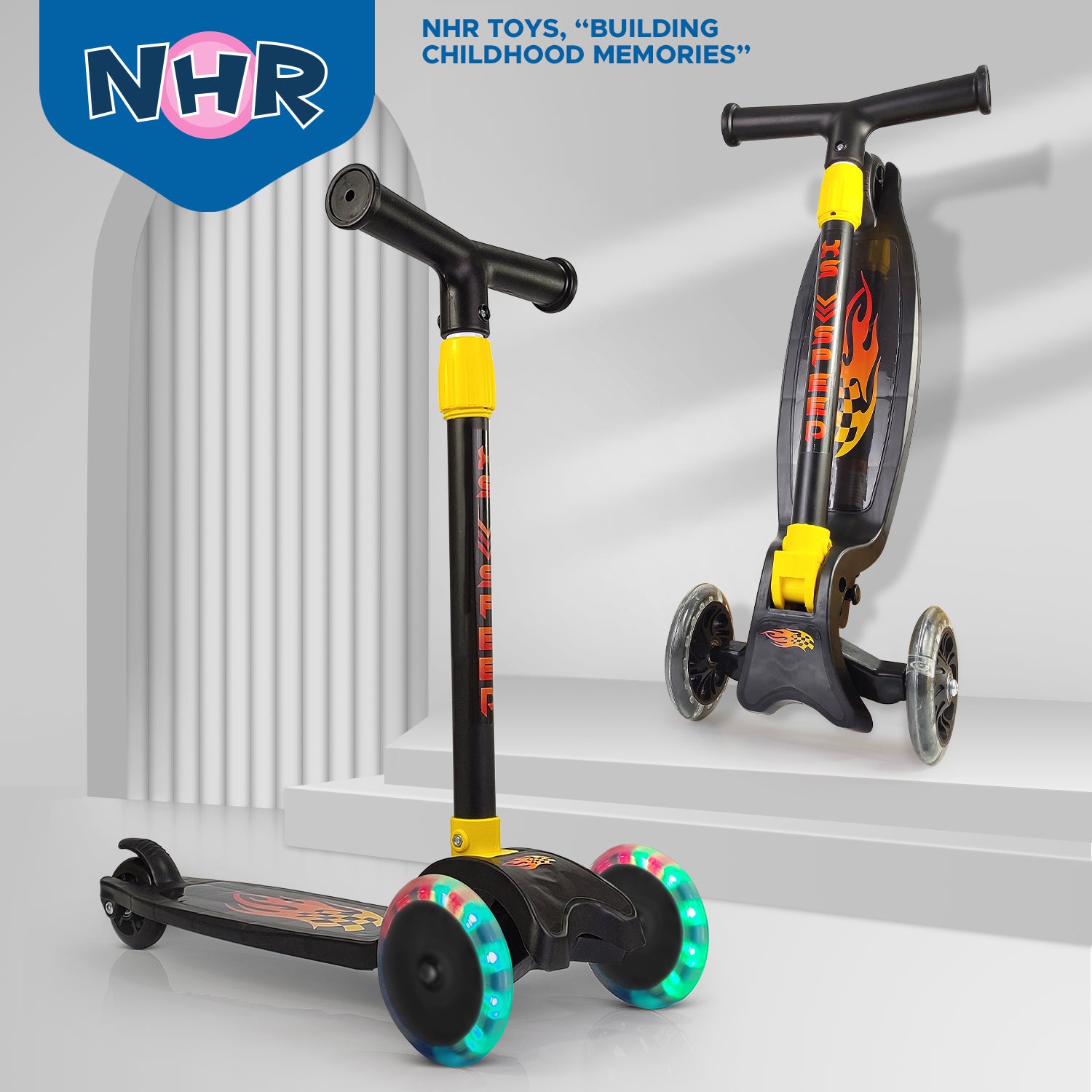 NHR 4 Level Adjustable Height Smart Kick Scooter With LED Light Up Wheels | Foldable Scooter With PU Wheelsand Brakes | Kick Scooter For Kids 2+ Year