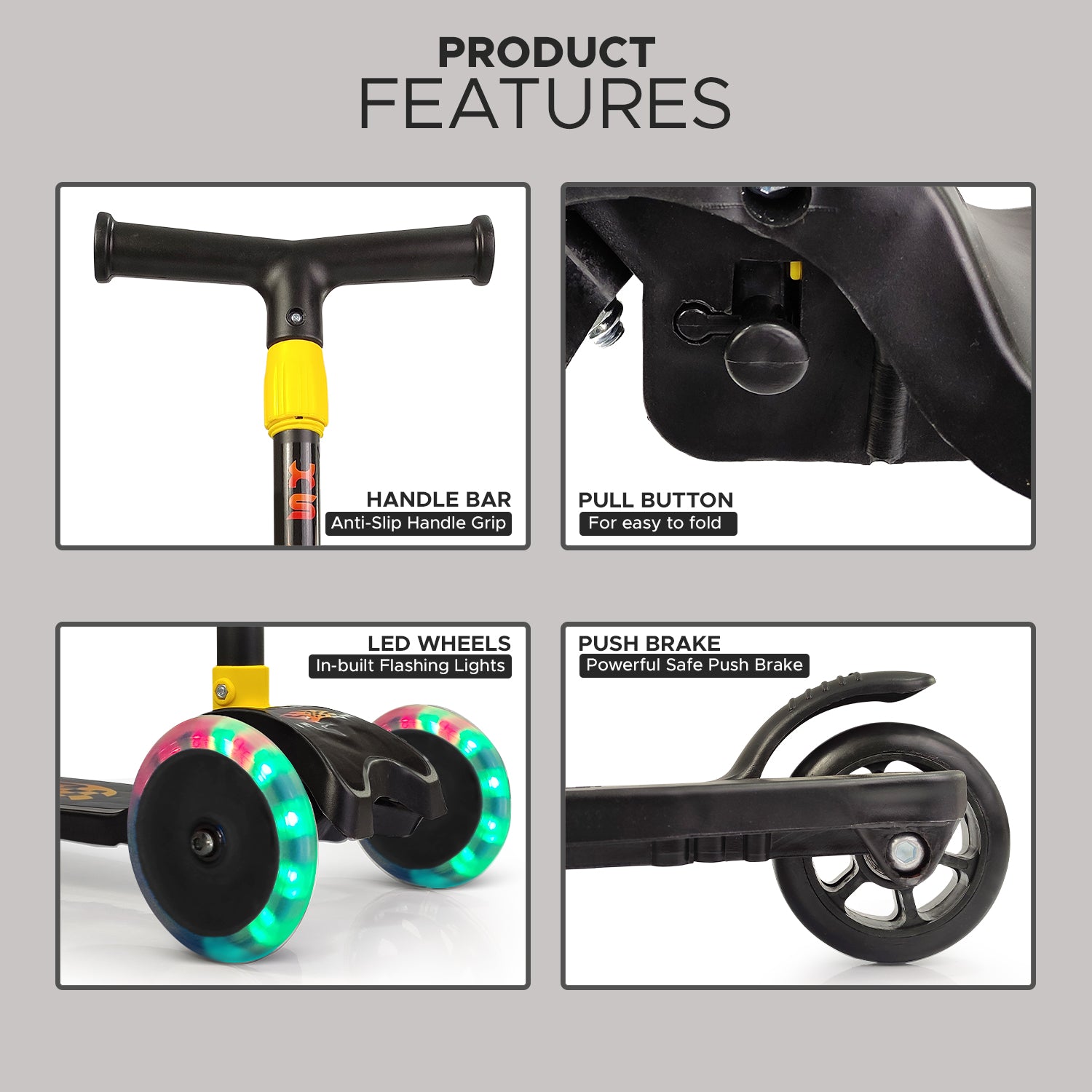 NHR 4 Level Adjustable Height Smart Kick Scooter With LED Light Up Wheels | Foldable Scooter With PU Wheelsand Brakes | Kick Scooter For Kids 2+ Year