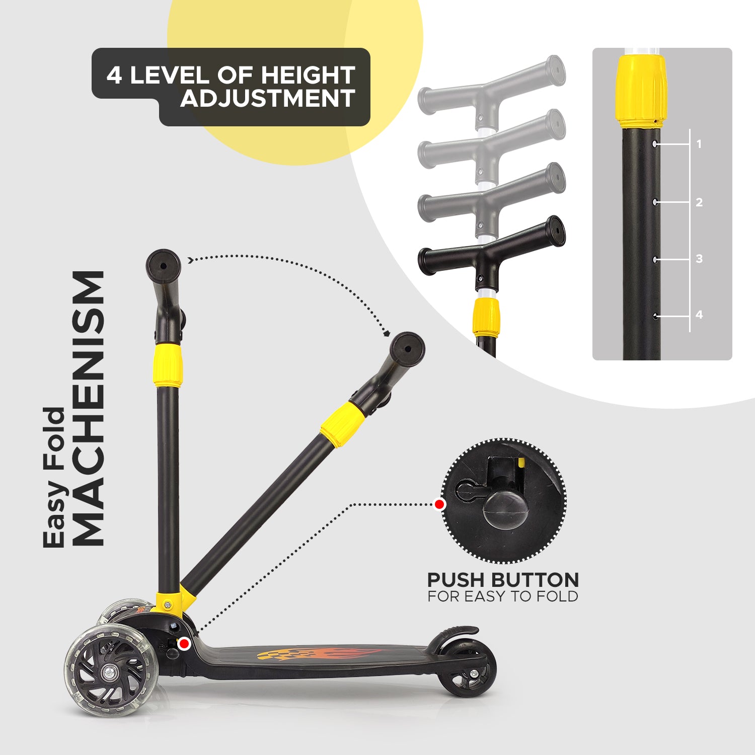 NHR 4 Level Adjustable Height Smart Kick Scooter With LED Light Up Wheels | Foldable Scooter With PU Wheelsand Brakes | Kick Scooter For Kids 2+ Year