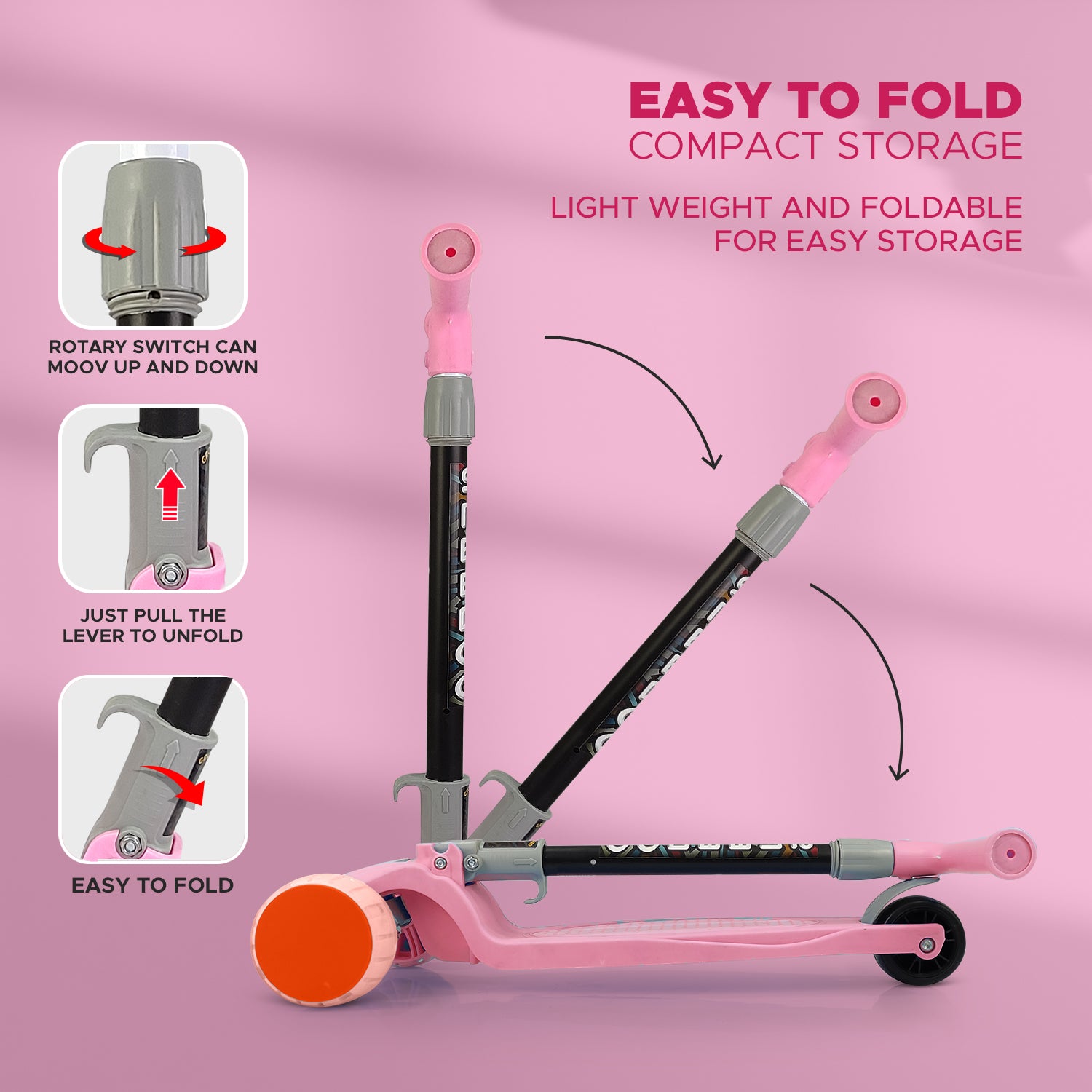NHR 3 Leval Adjustable Height Smart Kick Scooter With LED Light Up Wheels | Foldable Scooter With Non Slip Deck Plate & Brakes | Kick Scooter For Kids 6+ Year
