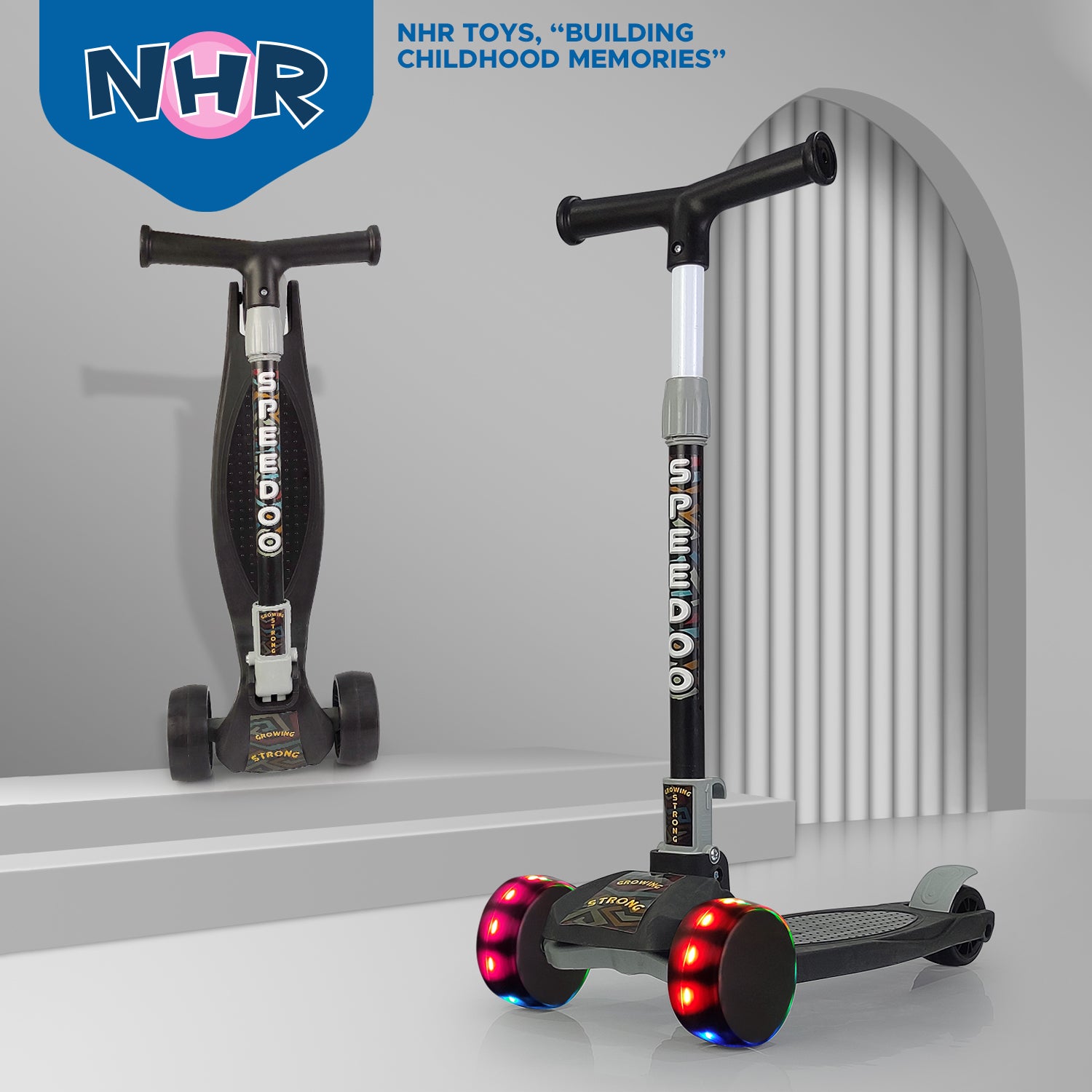 NHR 3 Leval Adjustable Height Smart Kick Scooter With LED Light Up Wheels | Foldable Scooter With Non Slip Deck Plate & Brakes | Kick Scooter For Kids 6+ Year