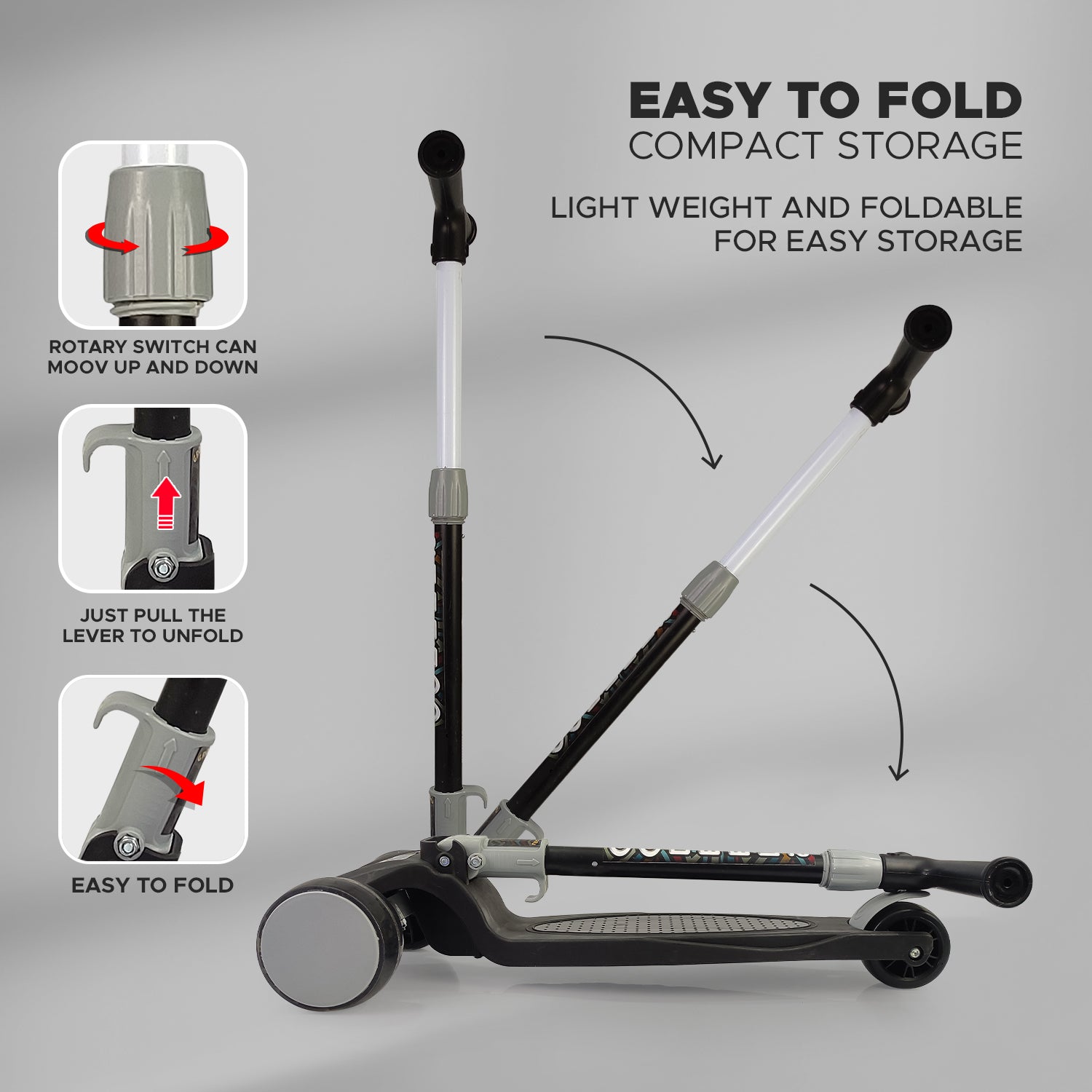 NHR 3 Leval Adjustable Height Smart Kick Scooter With LED Light Up Wheels | Foldable Scooter With Non Slip Deck Plate & Brakes | Kick Scooter For Kids 6+ Year