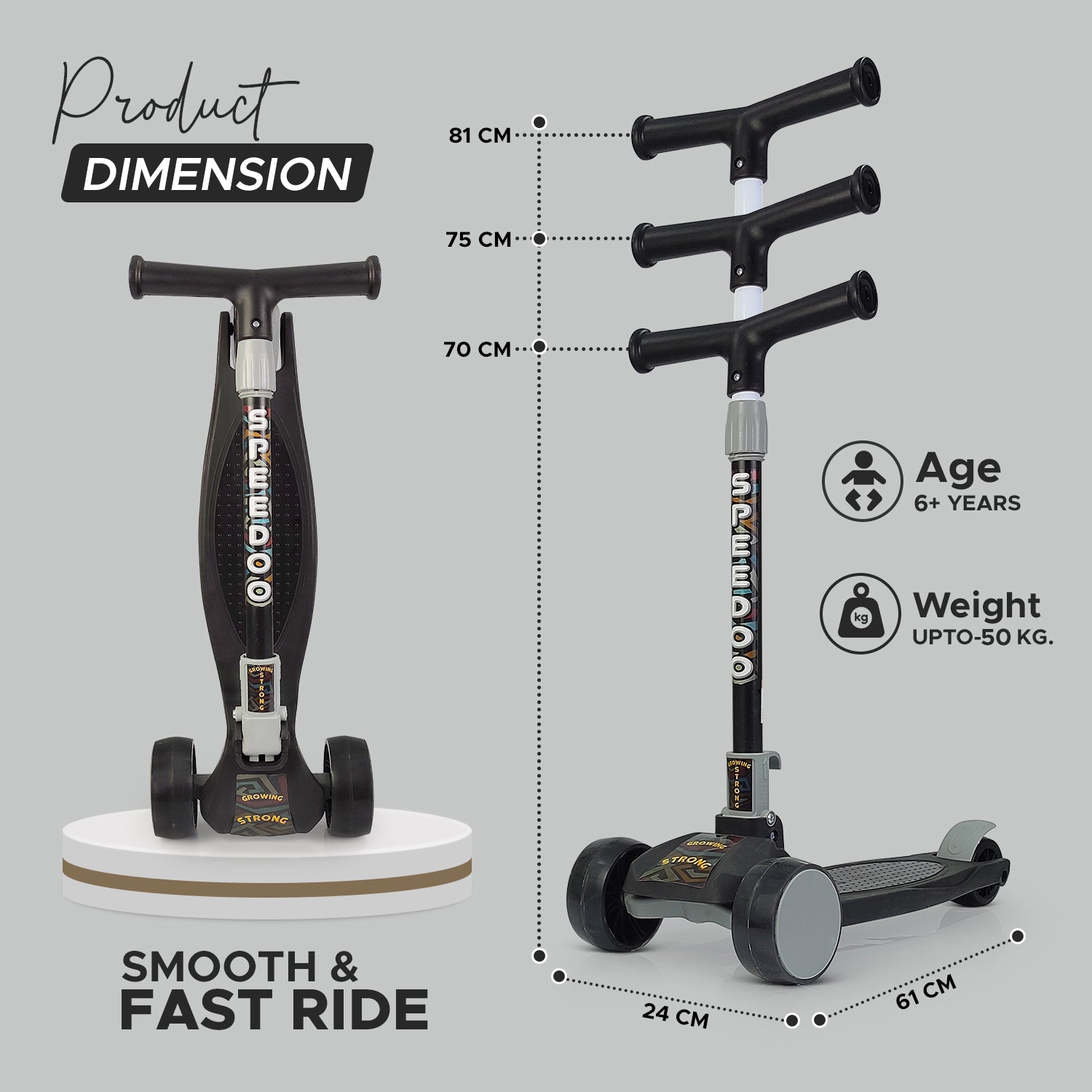 NHR 3 Leval Adjustable Height Smart Kick Scooter With LED Light Up Wheels | Foldable Scooter With Non Slip Deck Plate & Brakes | Kick Scooter For Kids 6+ Year
