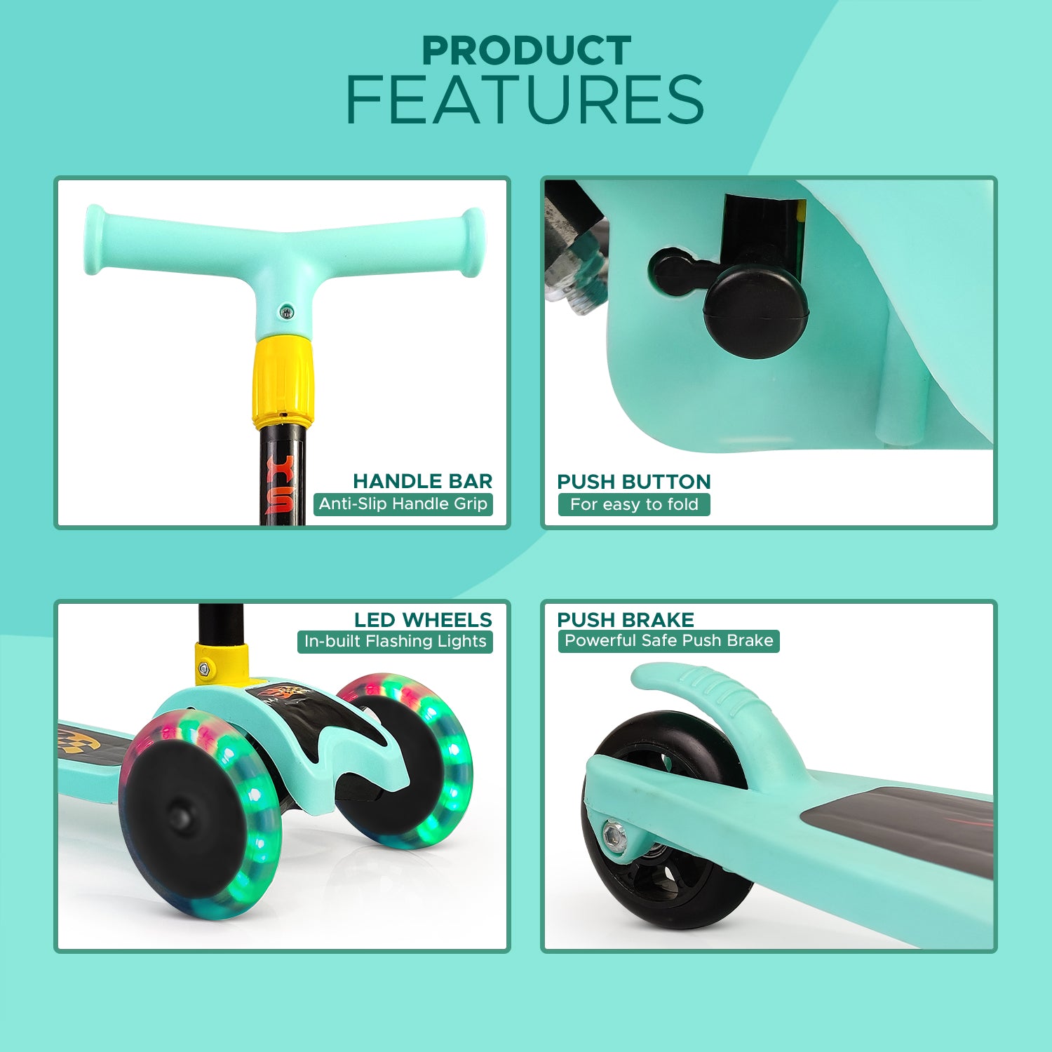NHR 4 Level Adjustable Height Smart Kick Scooter With LED Light Up Wheels | Foldable Scooter With PU Wheelsand Brakes | Kick Scooter For Kids 2+ Year
