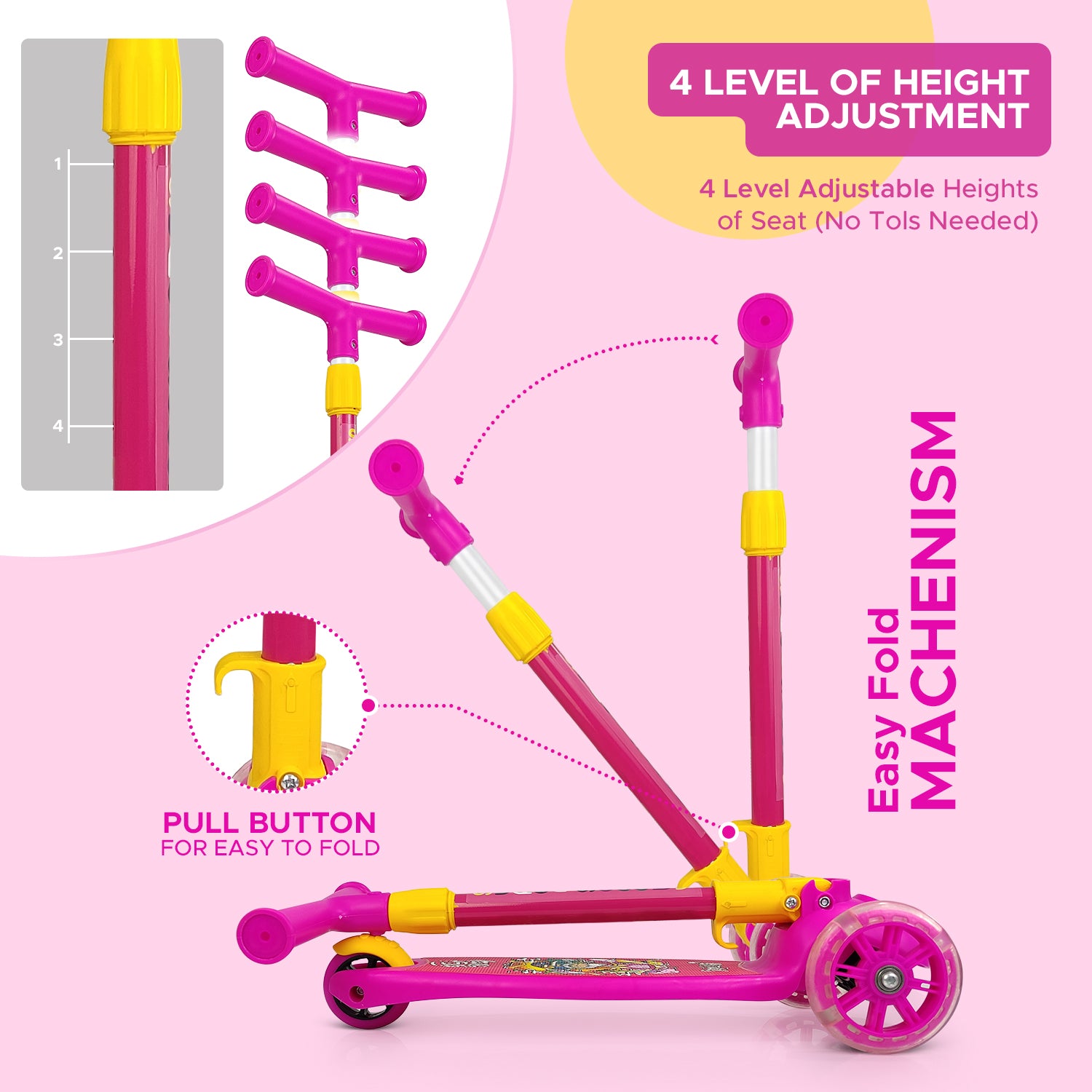 NHR Smart Kick Scooter, Adjustable Height with LED Wheels (Choose Any Color)