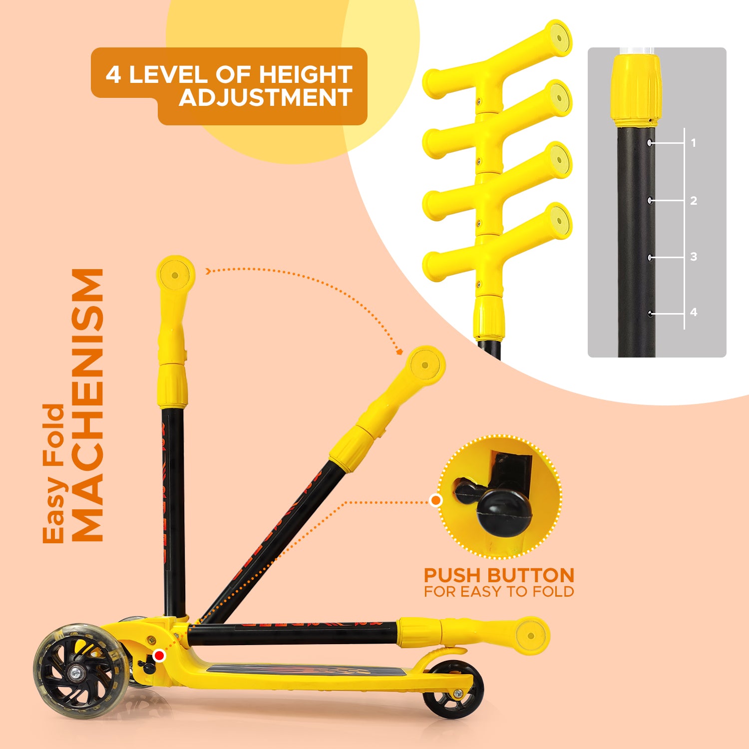 NHR 4 Level Adjustable Height Smart Kick Scooter With LED Light Up Wheels | Foldable Scooter With PU Wheelsand Brakes | Kick Scooter For Kids 2+ Year