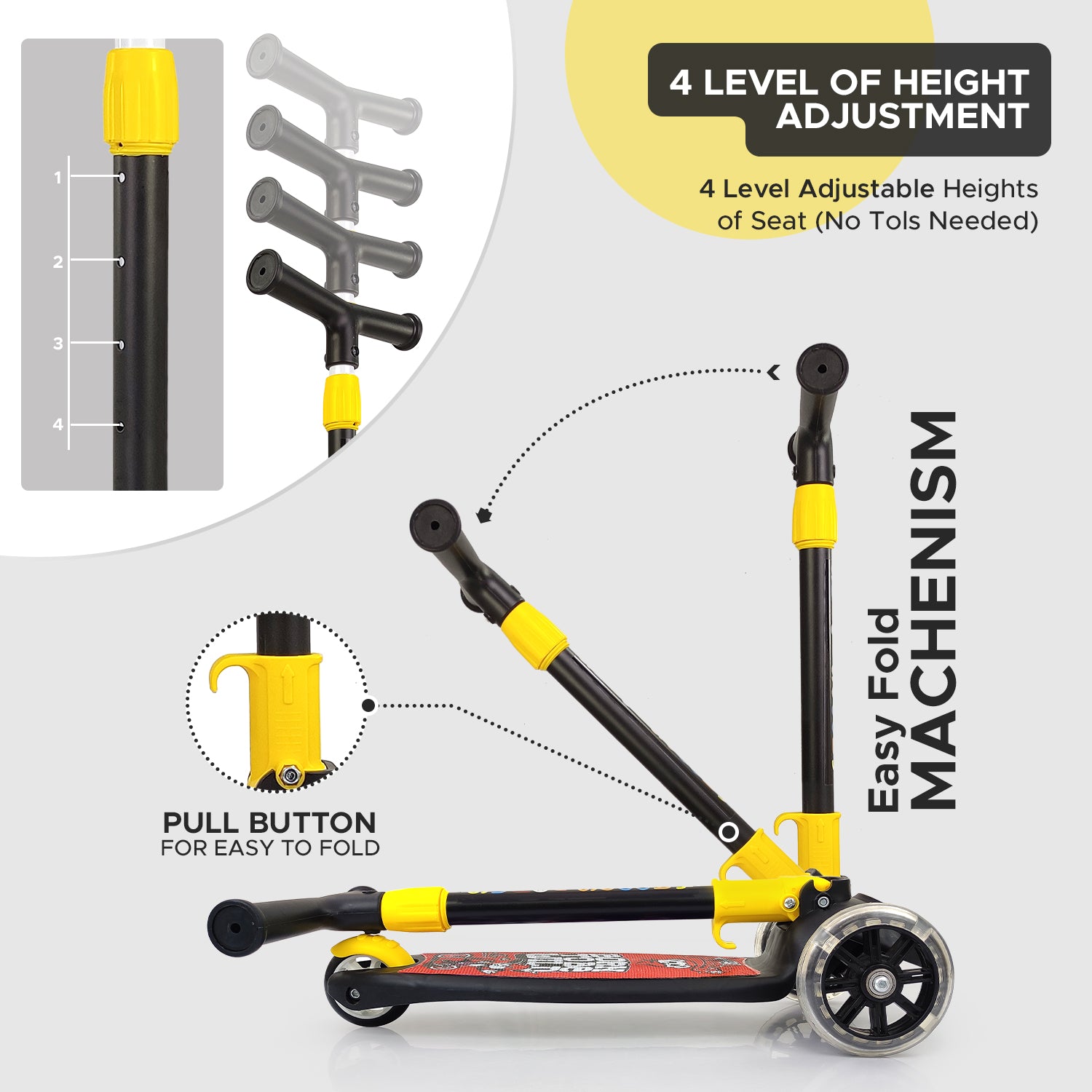 NHR Smart Kick Scooter, Adjustable Height with LED Wheels (Choose Any Color)