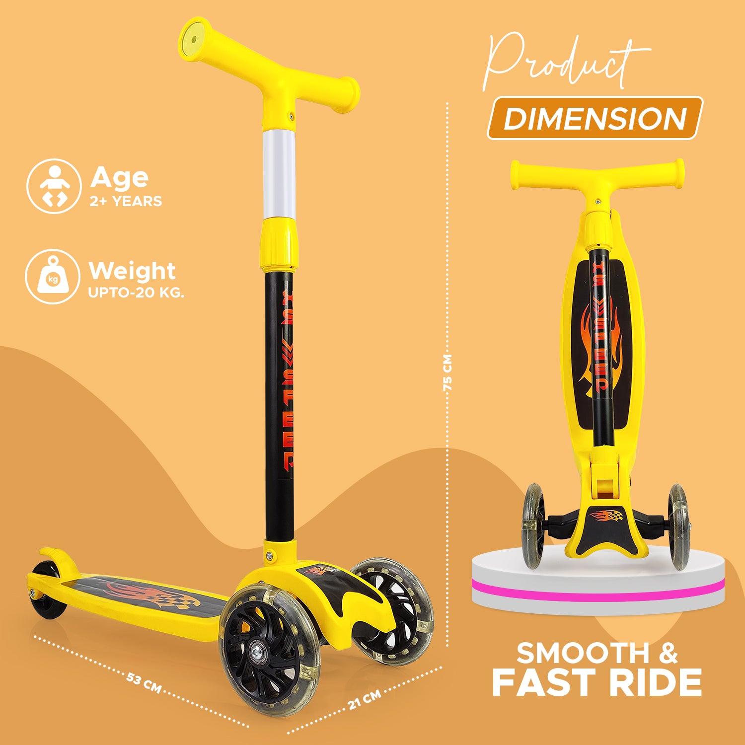 NHR 4 Level Adjustable Height Smart Kick Scooter With LED Light Up Wheels | Foldable Scooter With PU Wheelsand Brakes | Kick Scooter For Kids 2+ Year