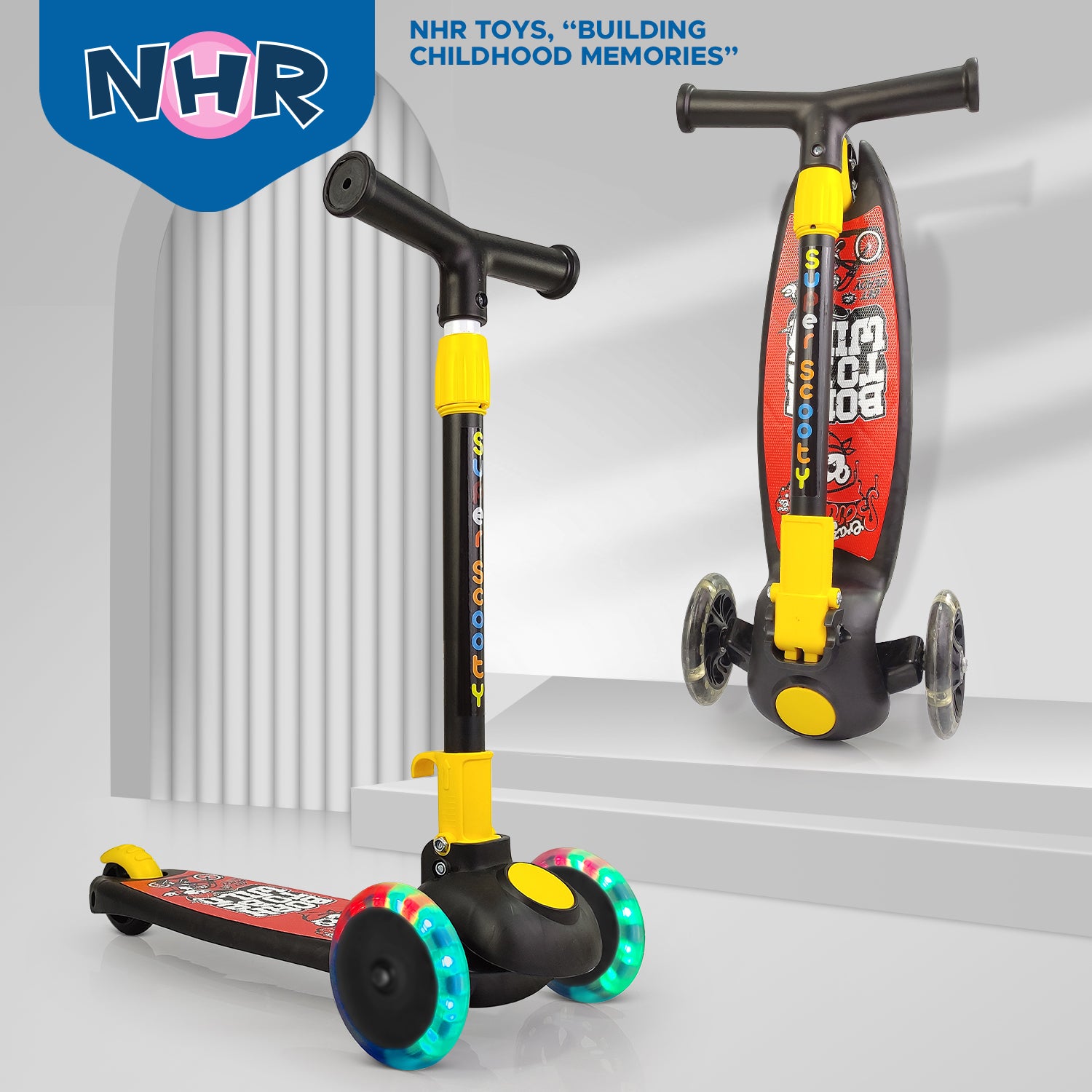 NHR Smart Kick Scooter, Adjustable Height with LED Wheels (Choose Any Color)