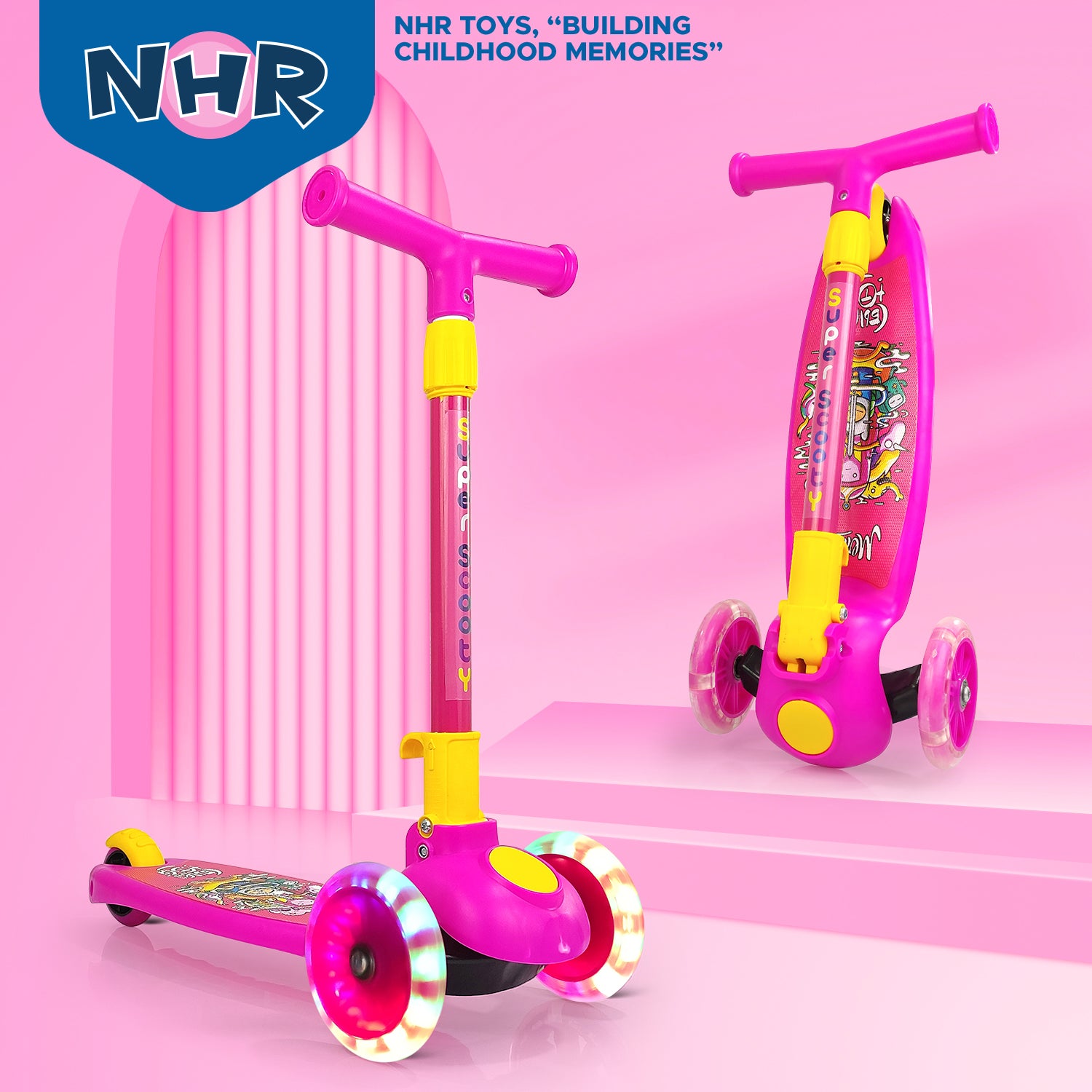 NHR Smart Kick Scooter, Adjustable Height with LED Wheels (Choose Any Color)