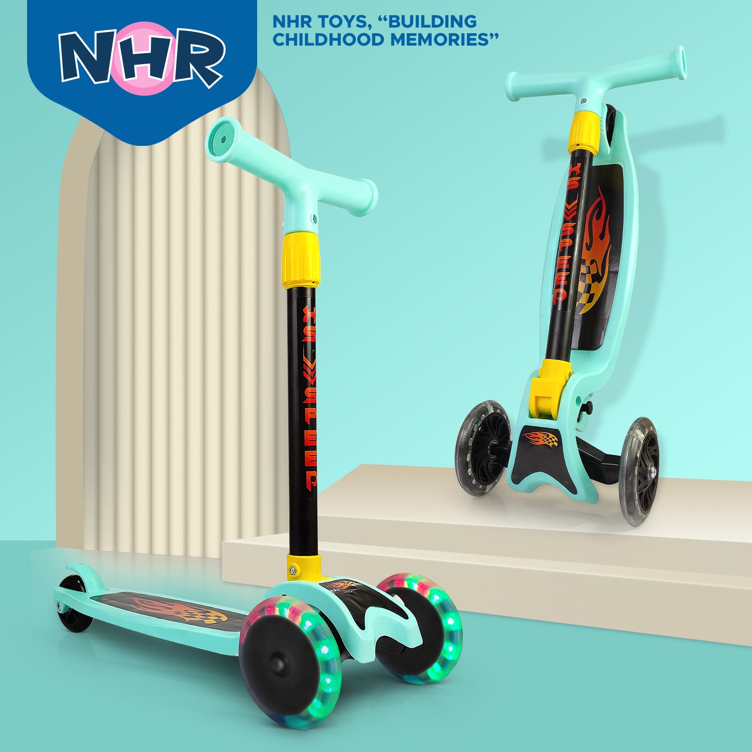 NHR 4 Level Adjustable Height Smart Kick Scooter With LED Light Up Wheels | Foldable Scooter With PU Wheelsand Brakes | Kick Scooter For Kids 2+ Year