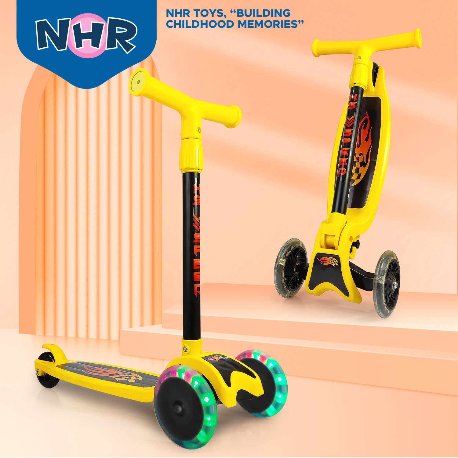 NHR 4 Level Adjustable Height Smart Kick Scooter With LED Light Up Wheels | Foldable Scooter With PU Wheelsand Brakes | Kick Scooter For Kids 2+ Year