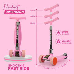 NHR 3 Leval Adjustable Height Smart Kick Scooter With LED Light Up Wheels | Foldable Scooter With Non Slip Deck Plate & Brakes | Kick Scooter For Kids 6+ Year