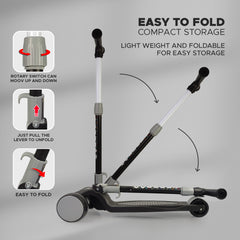 NHR 3 Leval Adjustable Height Smart Kick Scooter With LED Light Up Wheels | Foldable Scooter With Non Slip Deck Plate & Brakes | Kick Scooter For Kids 6+ Year