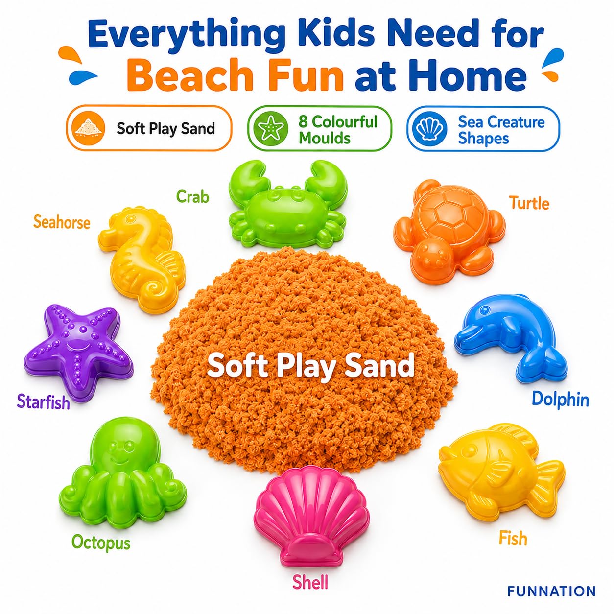 FUNNATION Sea Creatures Sand Art Kit for Kids, Soft Play Sand with 8 Colourful Sea Animal Moulds, Creative Sensory Activity Toy, Beach Fun at Home, Birthday Gift for Boys & Girls Age 5+