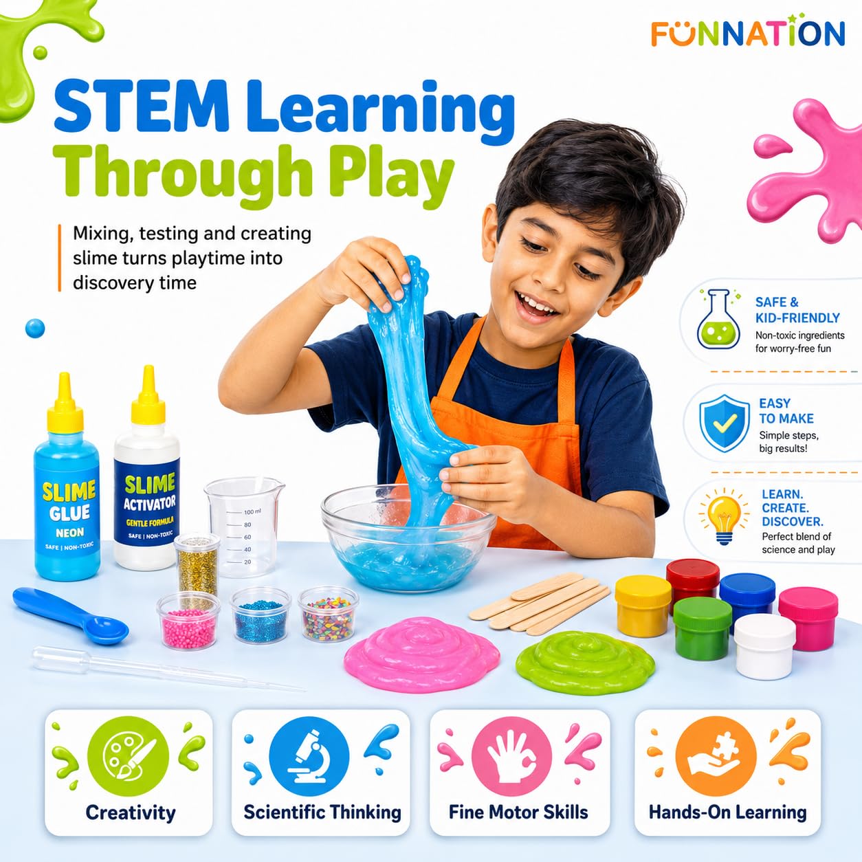 FUN NATION Slime Making Kit | Slime for Kids 3 to 10 Years | DIY & Science Experiment Kit | 20+ Glitter, Fluffy & Colorful Slimes | STEM Educational Craft Activity | Birthday Gift for Boys & Girls
