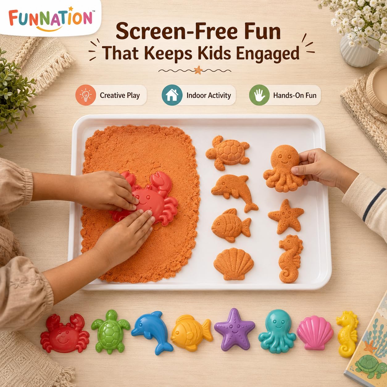 FUNNATION Sea Creatures Sand Art Kit for Kids, Soft Play Sand with 8 Colourful Sea Animal Moulds, Creative Sensory Activity Toy, Beach Fun at Home, Birthday Gift for Boys & Girls Age 5+