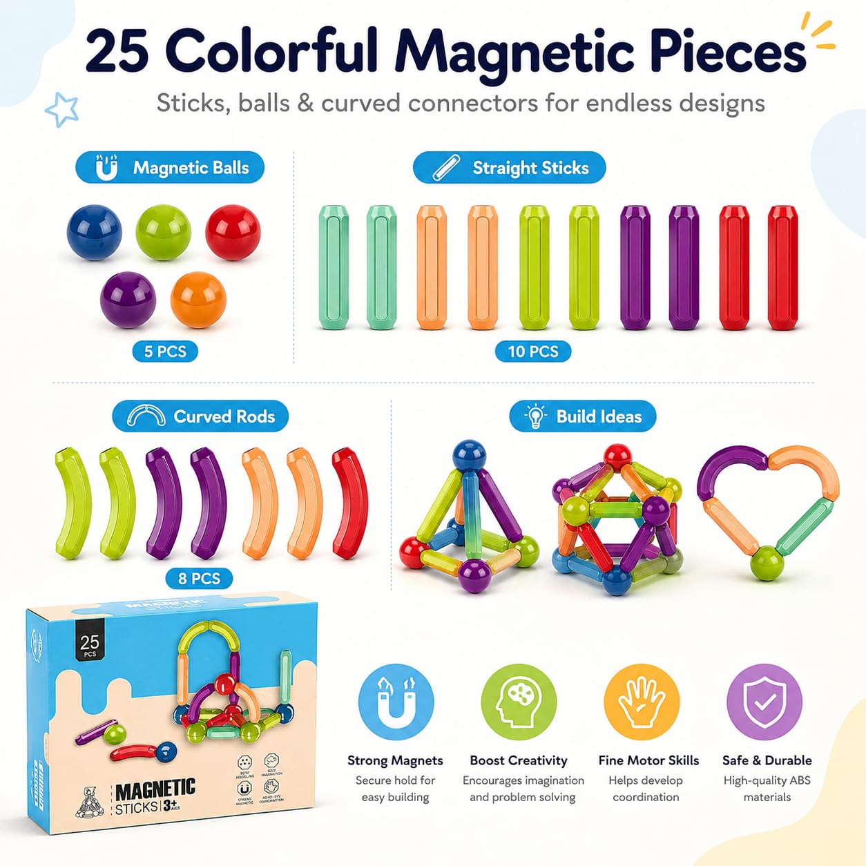 FUN NATION Magnetic Building Blocks for Kids | Magnetic Tiles & Pipe Construction Set | STEM Educational Magnet Toy for Boys & Girls Age 3+ | Creative Birthday Gift Toys for Boys & Girls