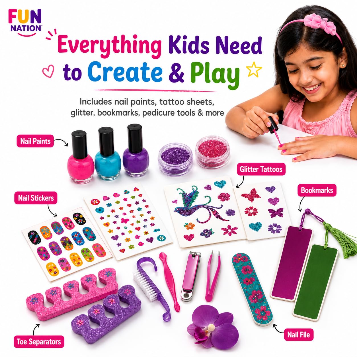 FUN NATION 3-in-1 Nail Salon Kit | Manicure Pedicure Set for Girls 8-14 Years | DIY Beauty Activity with Nail Polish, Stickers & Sparkling Tattoos