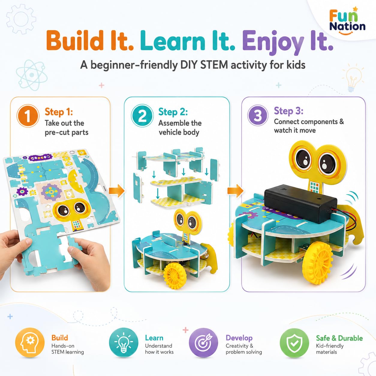 FUN NATION STEM Obstacle Avoidance Vehicle Toy Kit for Kids, DIY Electric Robot Car Science Project Robotics Kit for Beginners Coding Learning Toy Birthday Gift for Boys 8+ Years