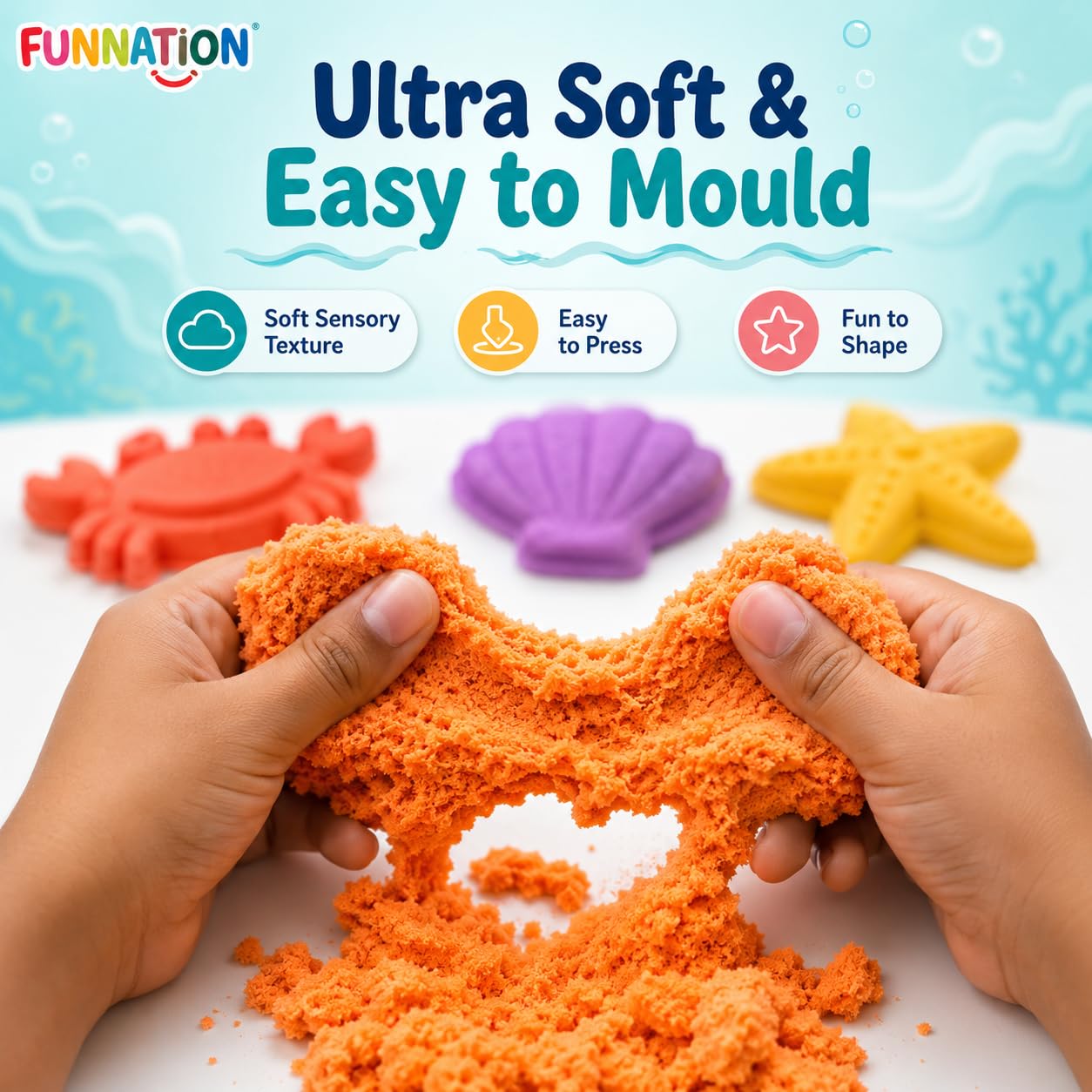 FUNNATION Sea Creatures Sand Art Kit for Kids, Soft Play Sand with 8 Colourful Sea Animal Moulds, Creative Sensory Activity Toy, Beach Fun at Home, Birthday Gift for Boys & Girls Age 5+