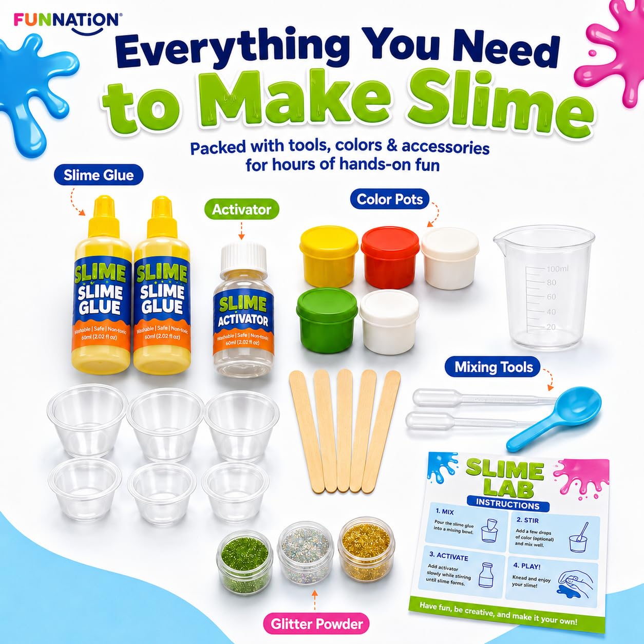 FUN NATION Slime Making Kit | Slime for Kids 3 to 10 Years | DIY & Science Experiment Kit | 20+ Glitter, Fluffy & Colorful Slimes | STEM Educational Craft Activity | Birthday Gift for Boys & Girls