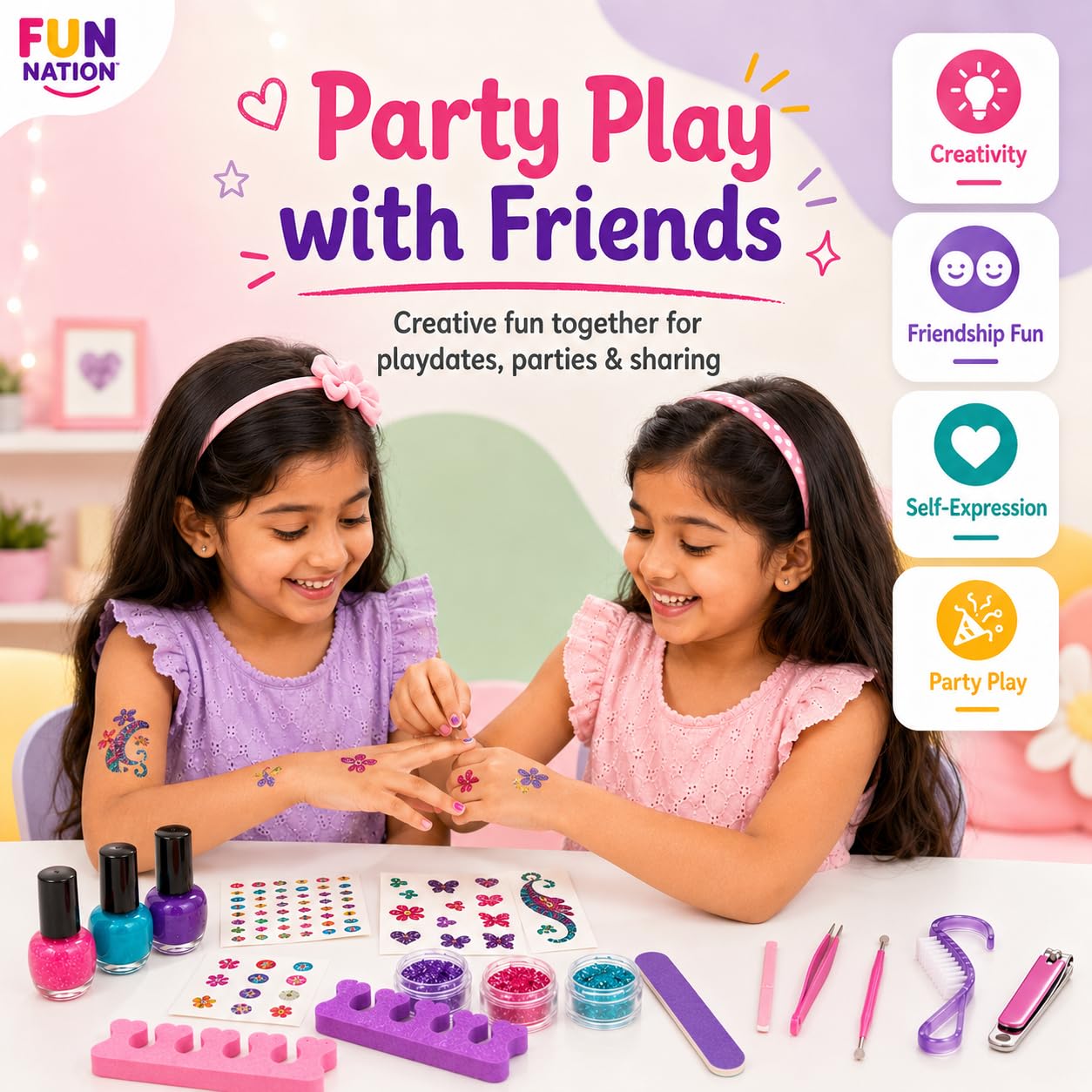 FUN NATION 3-in-1 Nail Salon Kit | Manicure Pedicure Set for Girls 8-14 Years | DIY Beauty Activity with Nail Polish, Stickers & Sparkling Tattoos