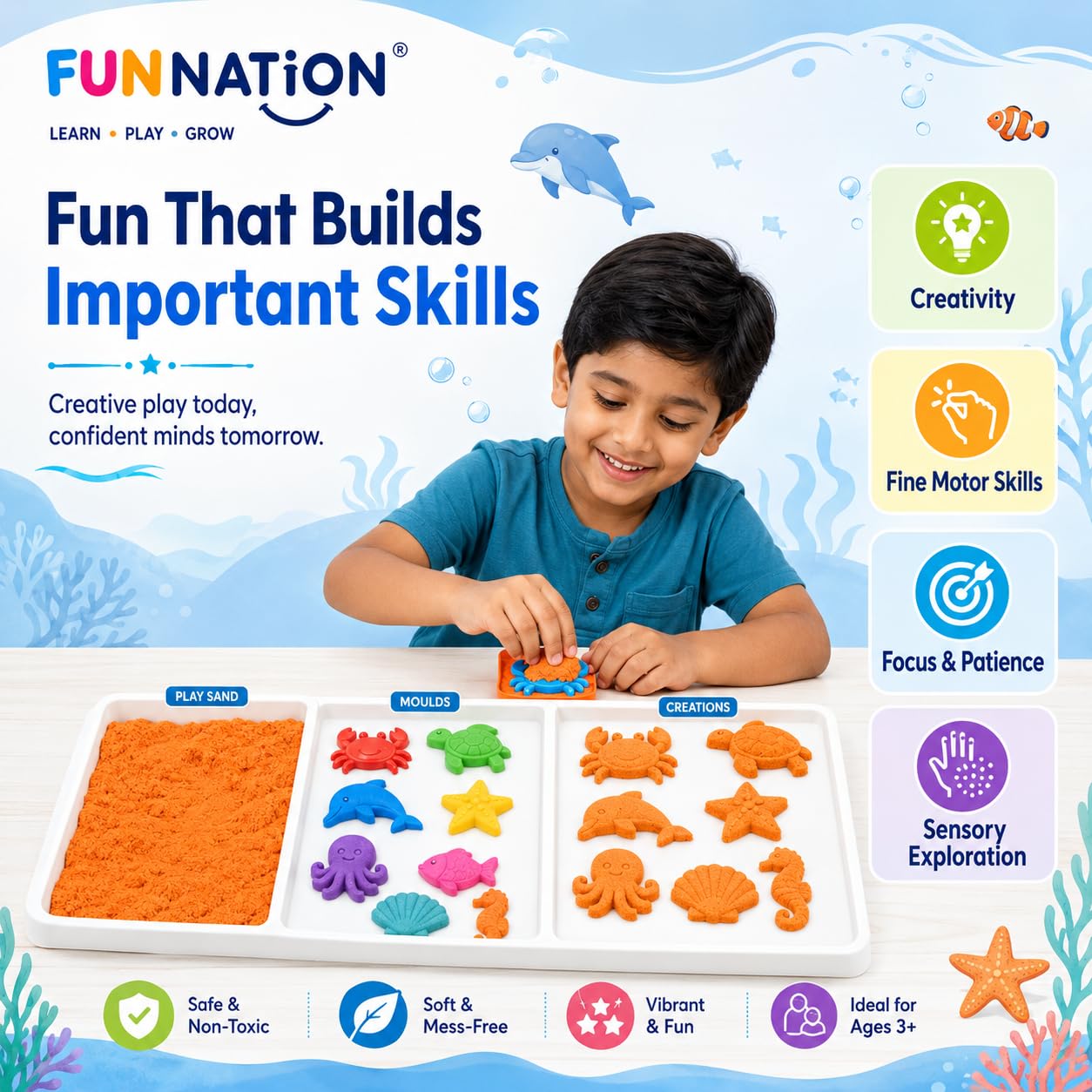FUNNATION Sea Creatures Sand Art Kit for Kids, Soft Play Sand with 8 Colourful Sea Animal Moulds, Creative Sensory Activity Toy, Beach Fun at Home, Birthday Gift for Boys & Girls Age 5+