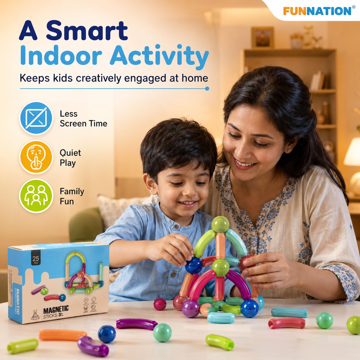 FUN NATION Magnetic Building Blocks for Kids | Magnetic Tiles & Pipe Construction Set | STEM Educational Magnet Toy for Boys & Girls Age 3+ | Creative Birthday Gift Toys for Boys & Girls