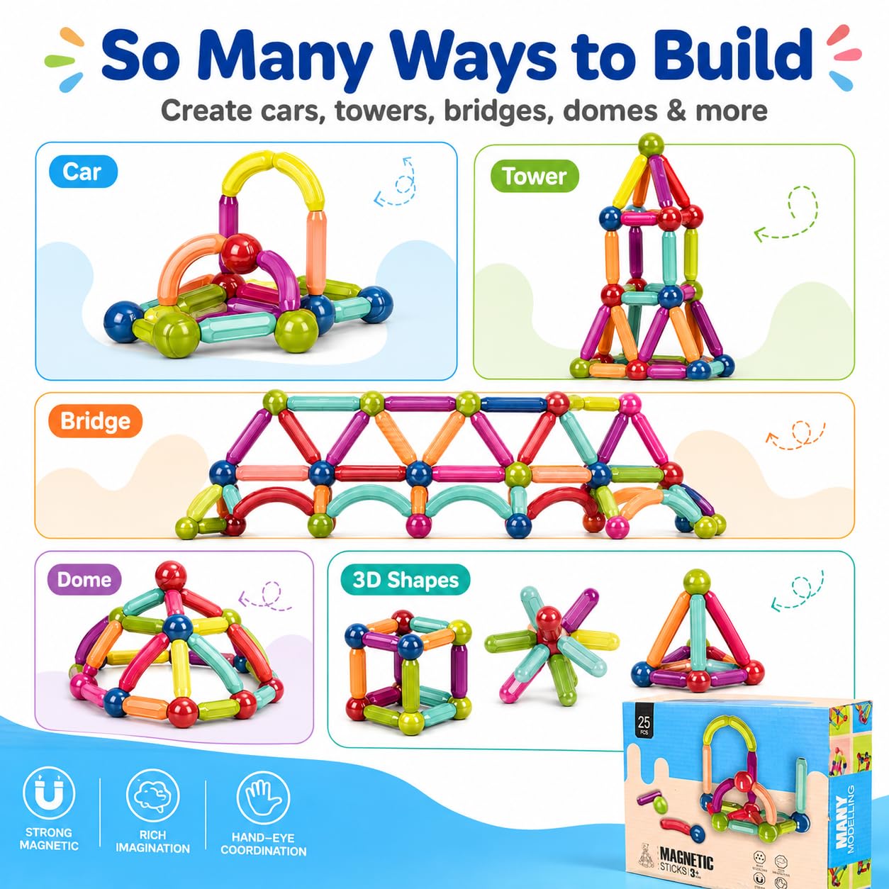 FUN NATION Magnetic Building Blocks for Kids | Magnetic Tiles & Pipe Construction Set | STEM Educational Magnet Toy for Boys & Girls Age 3+ | Creative Birthday Gift Toys for Boys & Girls