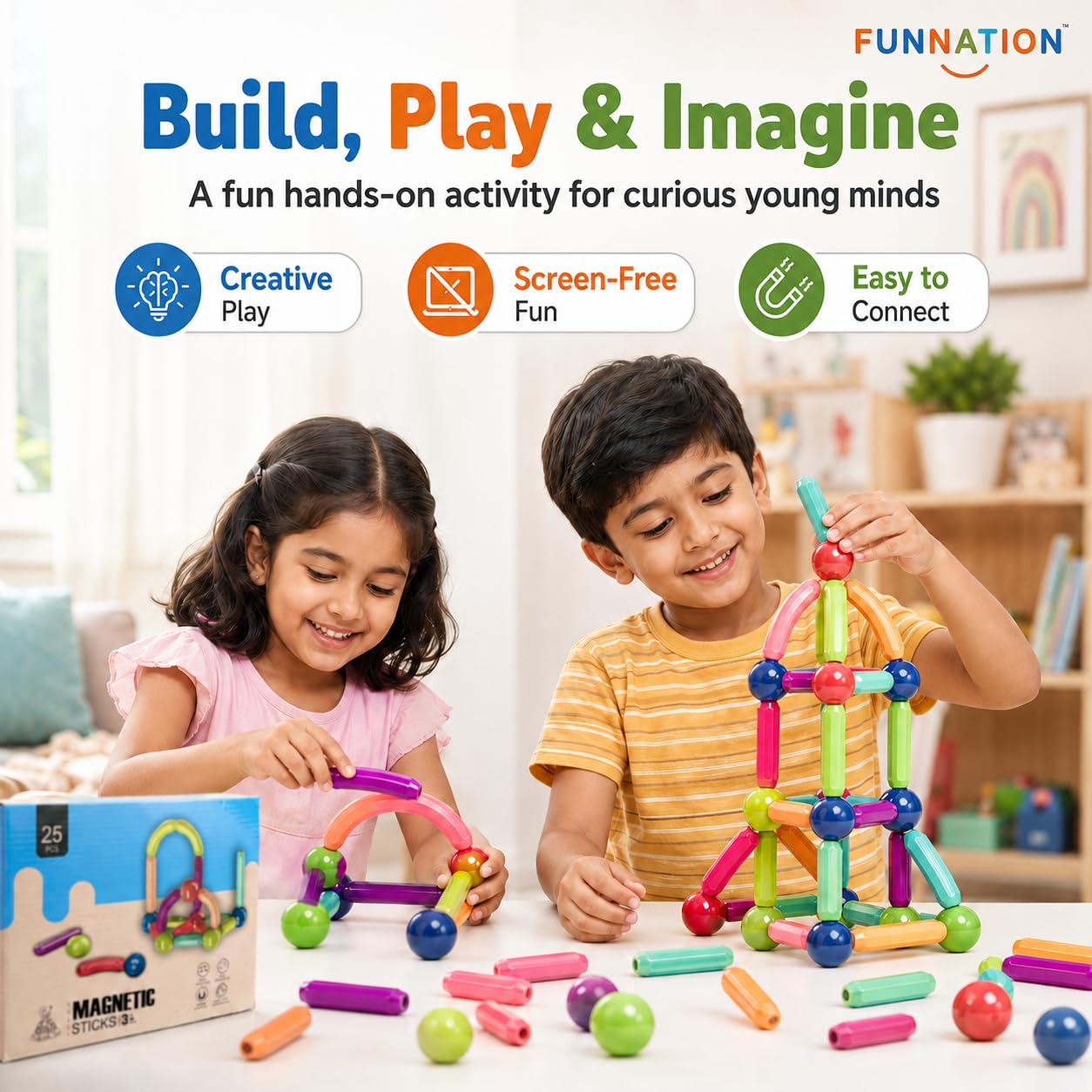 FUN NATION Magnetic Building Blocks for Kids | Magnetic Tiles & Pipe Construction Set | STEM Educational Magnet Toy for Boys & Girls Age 3+ | Creative Birthday Gift Toys for Boys & Girls