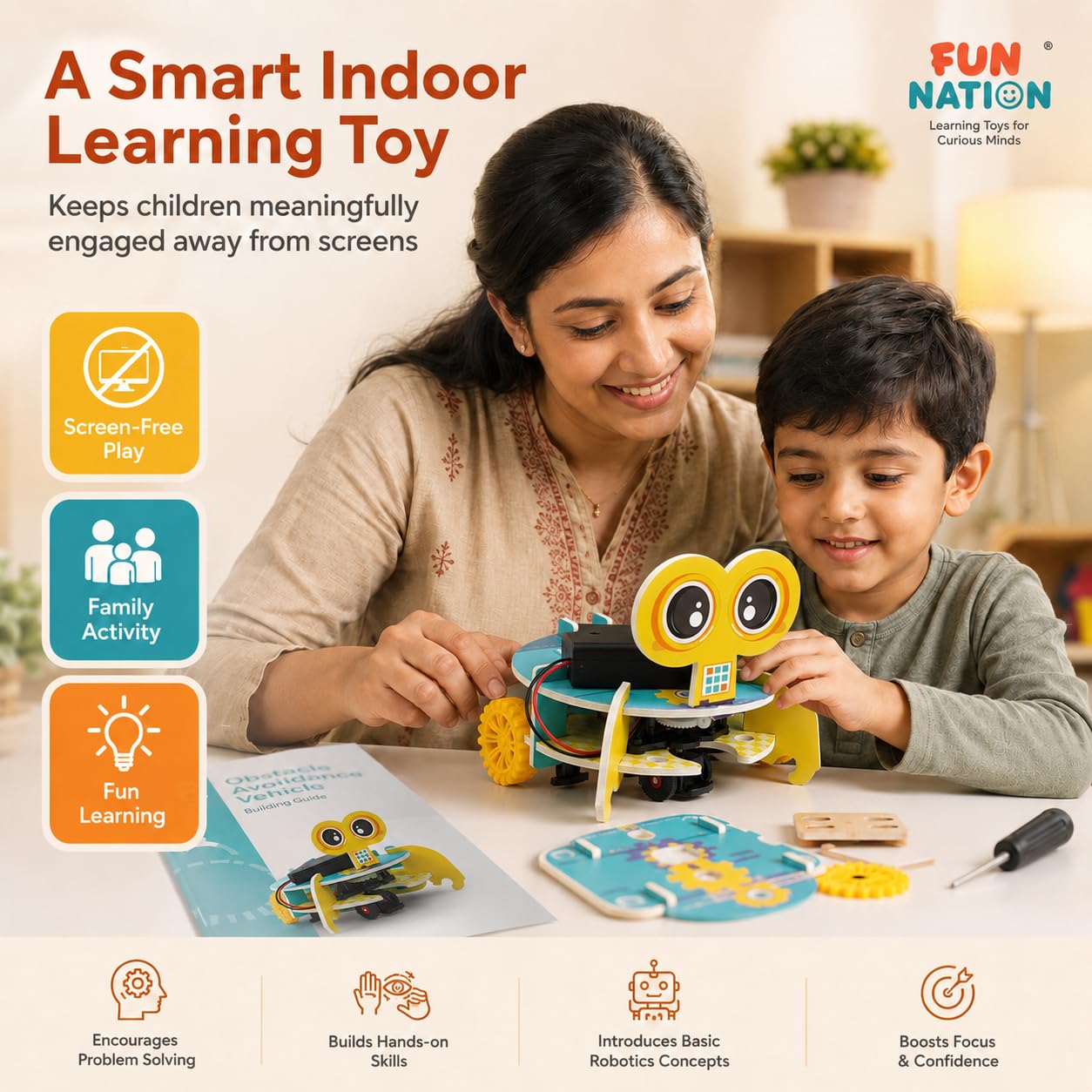 FUN NATION STEM Obstacle Avoidance Vehicle Toy Kit for Kids, DIY Electric Robot Car Science Project Robotics Kit for Beginners Coding Learning Toy Birthday Gift for Boys 8+ Years