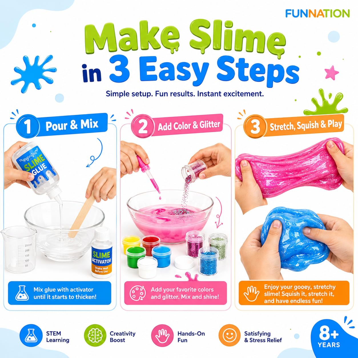 FUN NATION Slime Making Kit | Slime for Kids 3 to 10 Years | DIY & Science Experiment Kit | 20+ Glitter, Fluffy & Colorful Slimes | STEM Educational Craft Activity | Birthday Gift for Boys & Girls