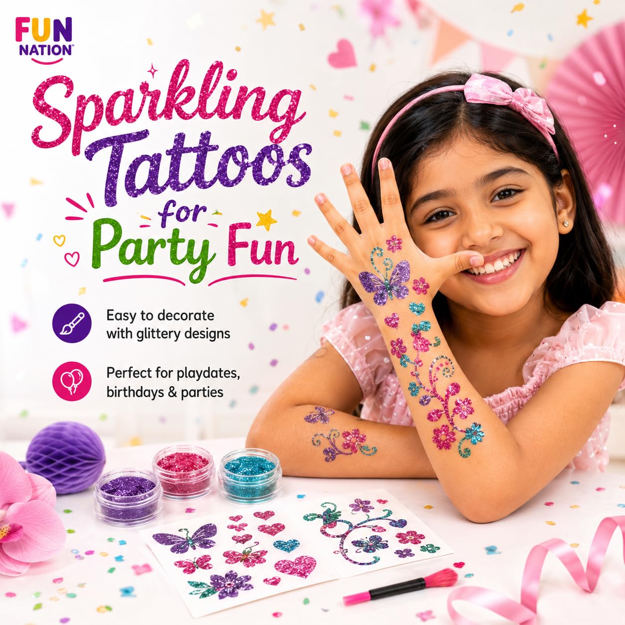 FUN NATION 3-in-1 Nail Salon Kit | Manicure Pedicure Set for Girls 8-14 Years | DIY Beauty Activity with Nail Polish, Stickers & Sparkling Tattoos