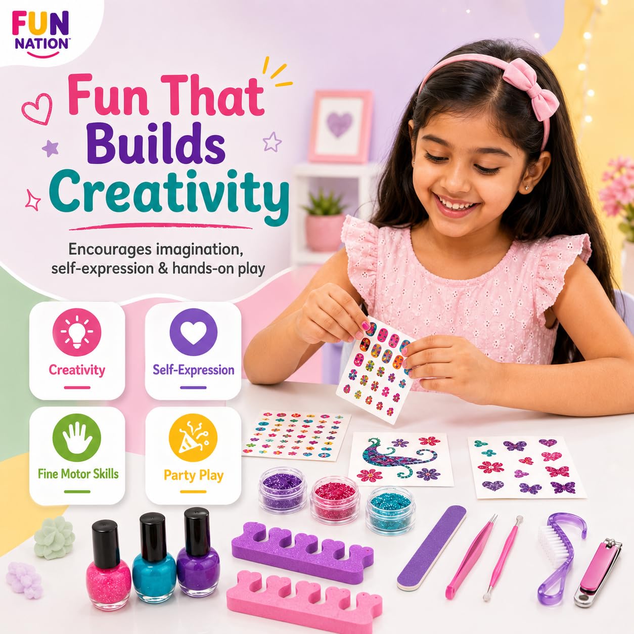 FUN NATION 3-in-1 Nail Salon Kit | Manicure Pedicure Set for Girls 8-14 Years | DIY Beauty Activity with Nail Polish, Stickers & Sparkling Tattoos