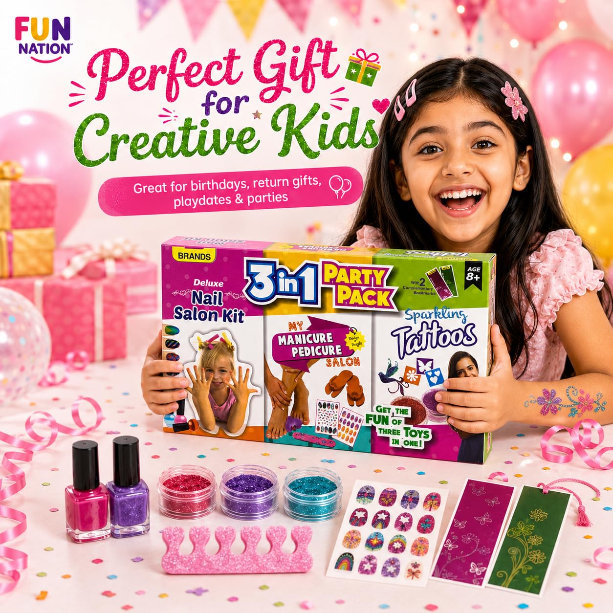 FUN NATION 3-in-1 Nail Salon Kit | Manicure Pedicure Set for Girls 8-14 Years | DIY Beauty Activity with Nail Polish, Stickers & Sparkling Tattoos