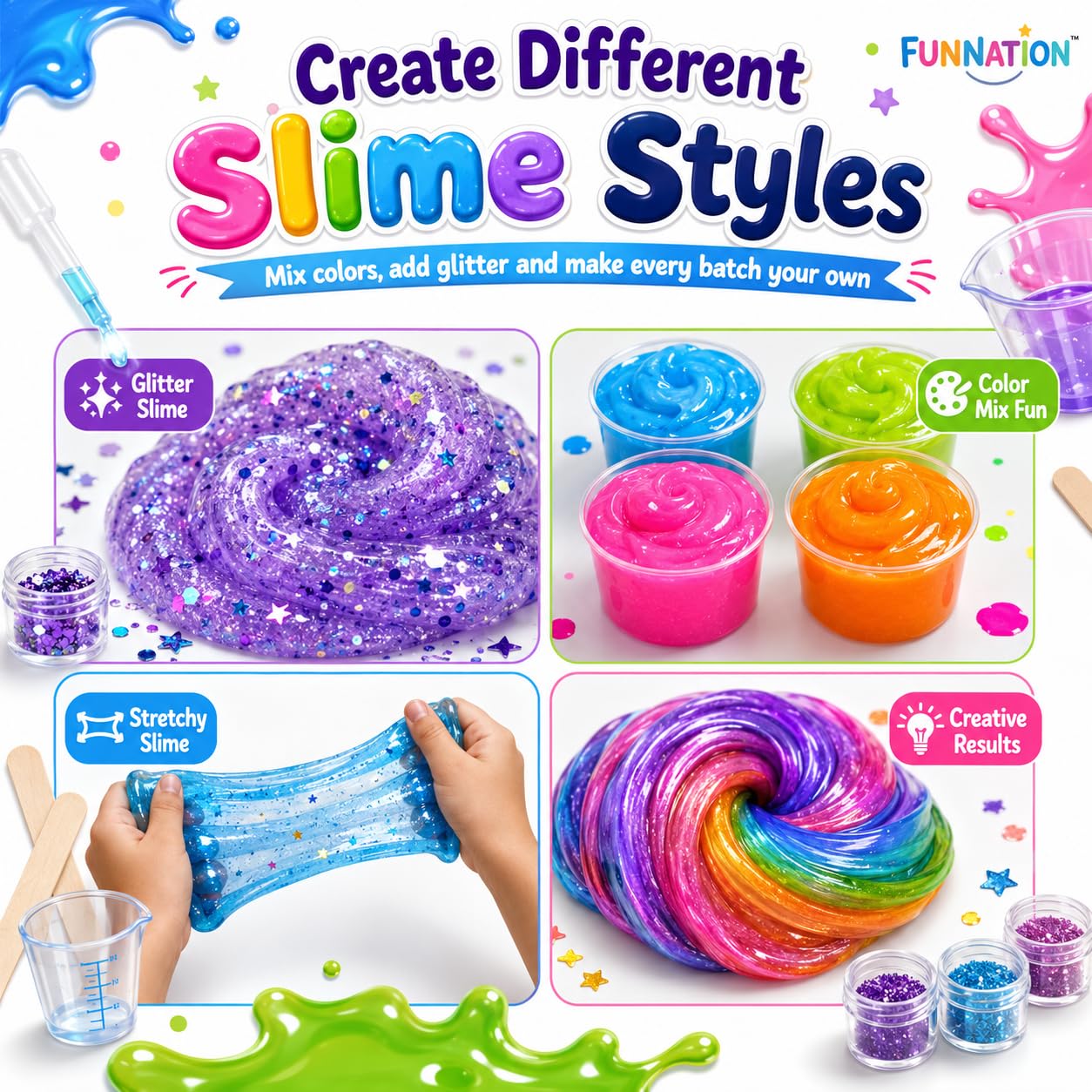 FUN NATION Slime Making Kit | Slime for Kids 3 to 10 Years | DIY & Science Experiment Kit | 20+ Glitter, Fluffy & Colorful Slimes | STEM Educational Craft Activity | Birthday Gift for Boys & Girls