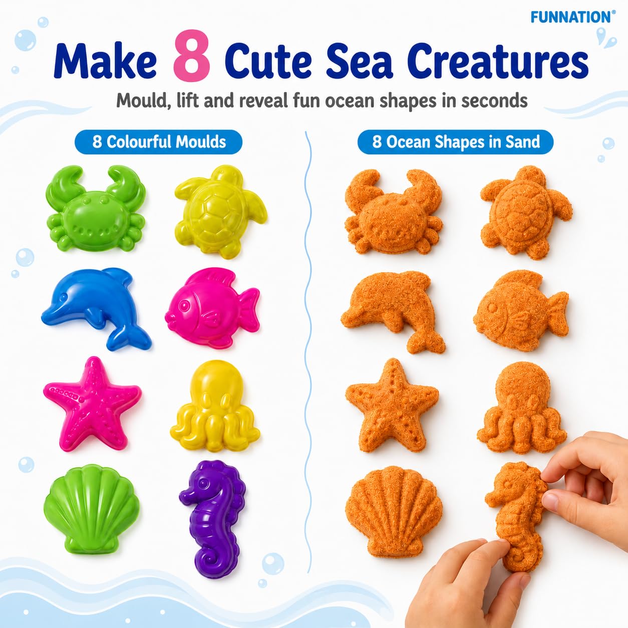 FUNNATION Sea Creatures Sand Art Kit for Kids, Soft Play Sand with 8 Colourful Sea Animal Moulds, Creative Sensory Activity Toy, Beach Fun at Home, Birthday Gift for Boys & Girls Age 5+