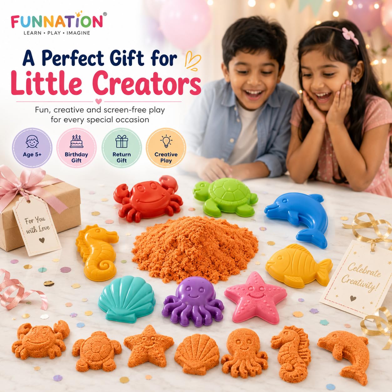 FUNNATION Sea Creatures Sand Art Kit for Kids, Soft Play Sand with 8 Colourful Sea Animal Moulds, Creative Sensory Activity Toy, Beach Fun at Home, Birthday Gift for Boys & Girls Age 5+