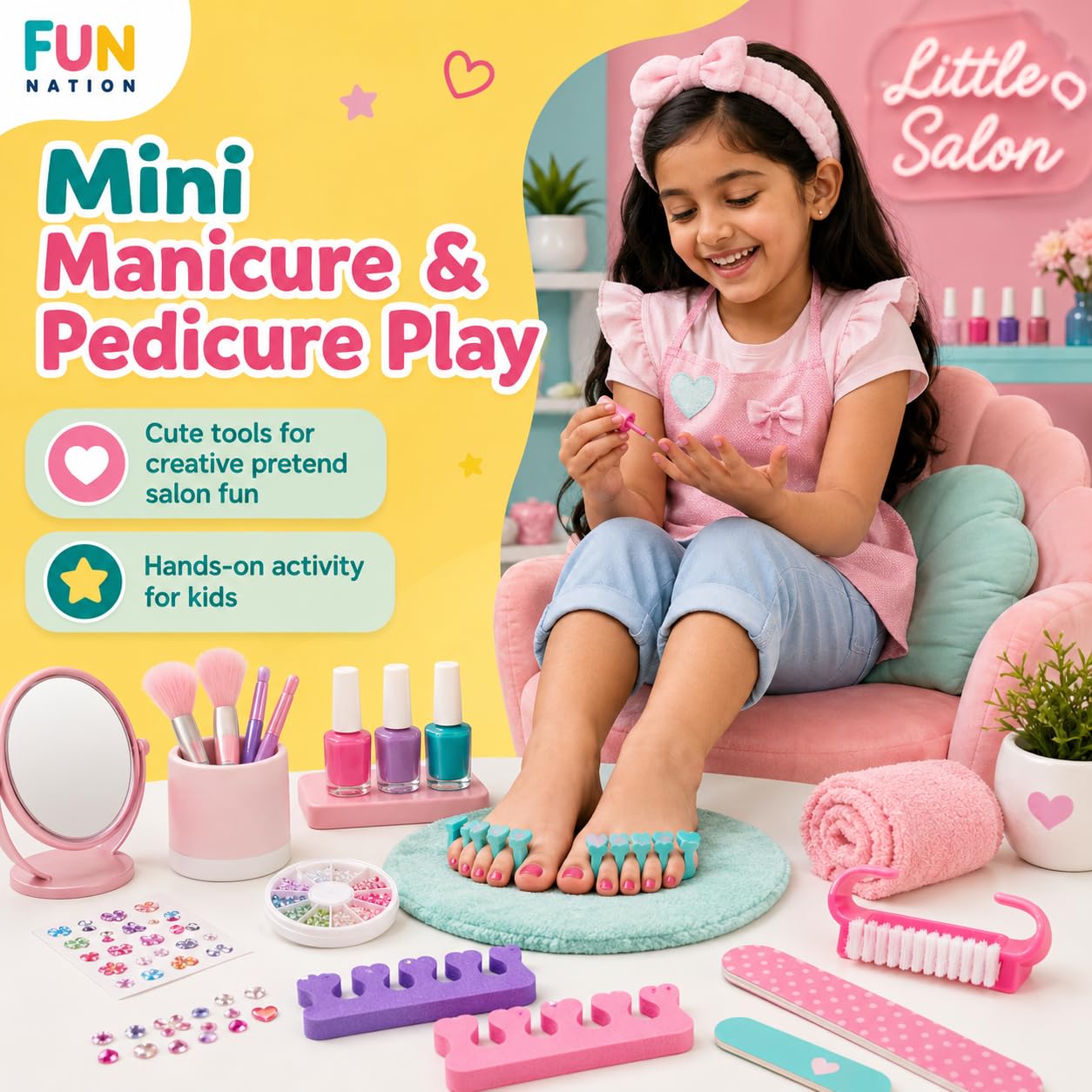 FUN NATION 3-in-1 Nail Salon Kit | Manicure Pedicure Set for Girls 8-14 Years | DIY Beauty Activity with Nail Polish, Stickers & Sparkling Tattoos