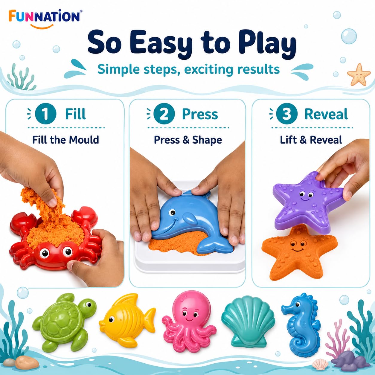 FUNNATION Sea Creatures Sand Art Kit for Kids, Soft Play Sand with 8 Colourful Sea Animal Moulds, Creative Sensory Activity Toy, Beach Fun at Home, Birthday Gift for Boys & Girls Age 5+