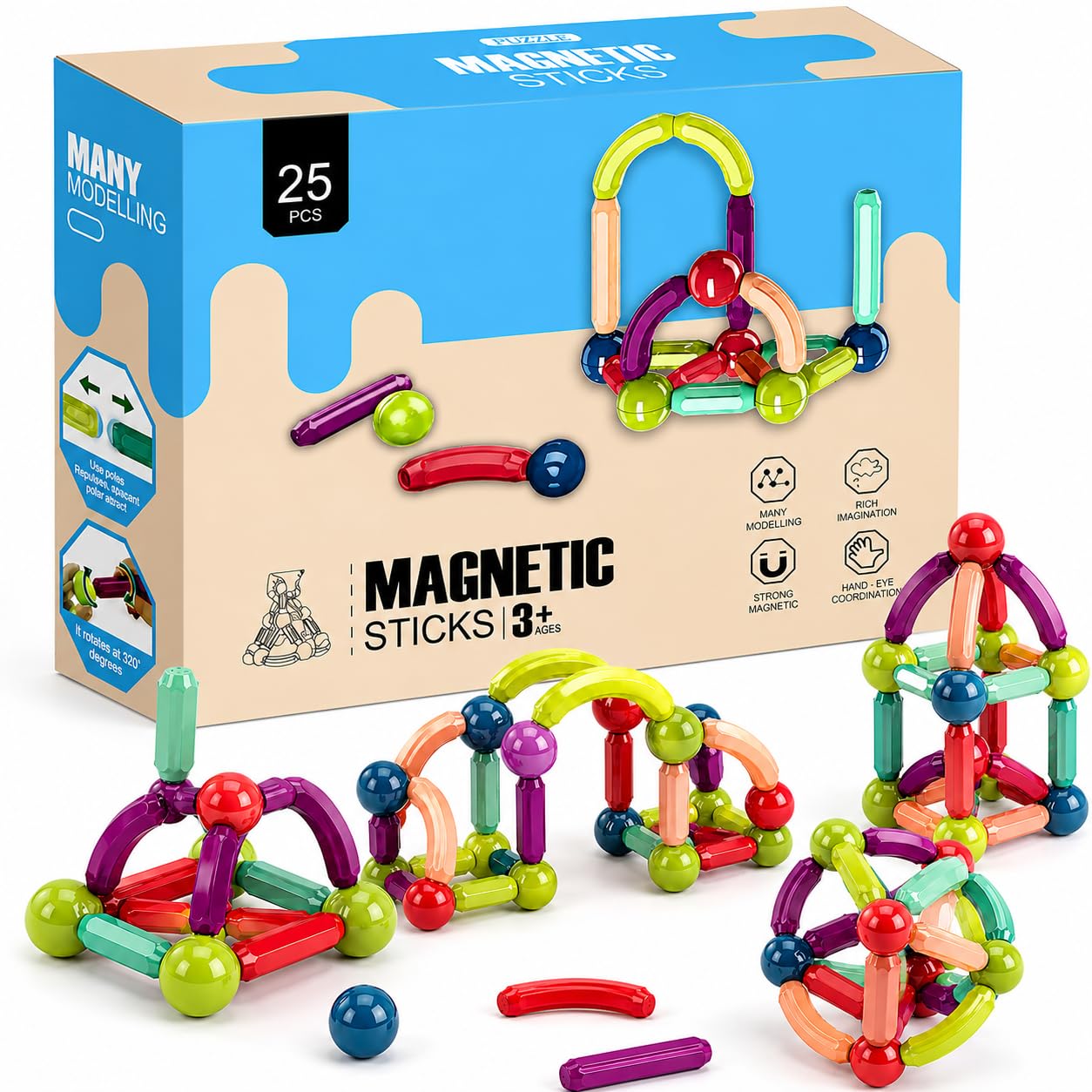 FUN NATION Magnetic Building Blocks for Kids | Magnetic Tiles & Pipe Construction Set | STEM Educational Magnet Toy for Boys & Girls Age 3+ | Creative Birthday Gift Toys for Boys & Girls