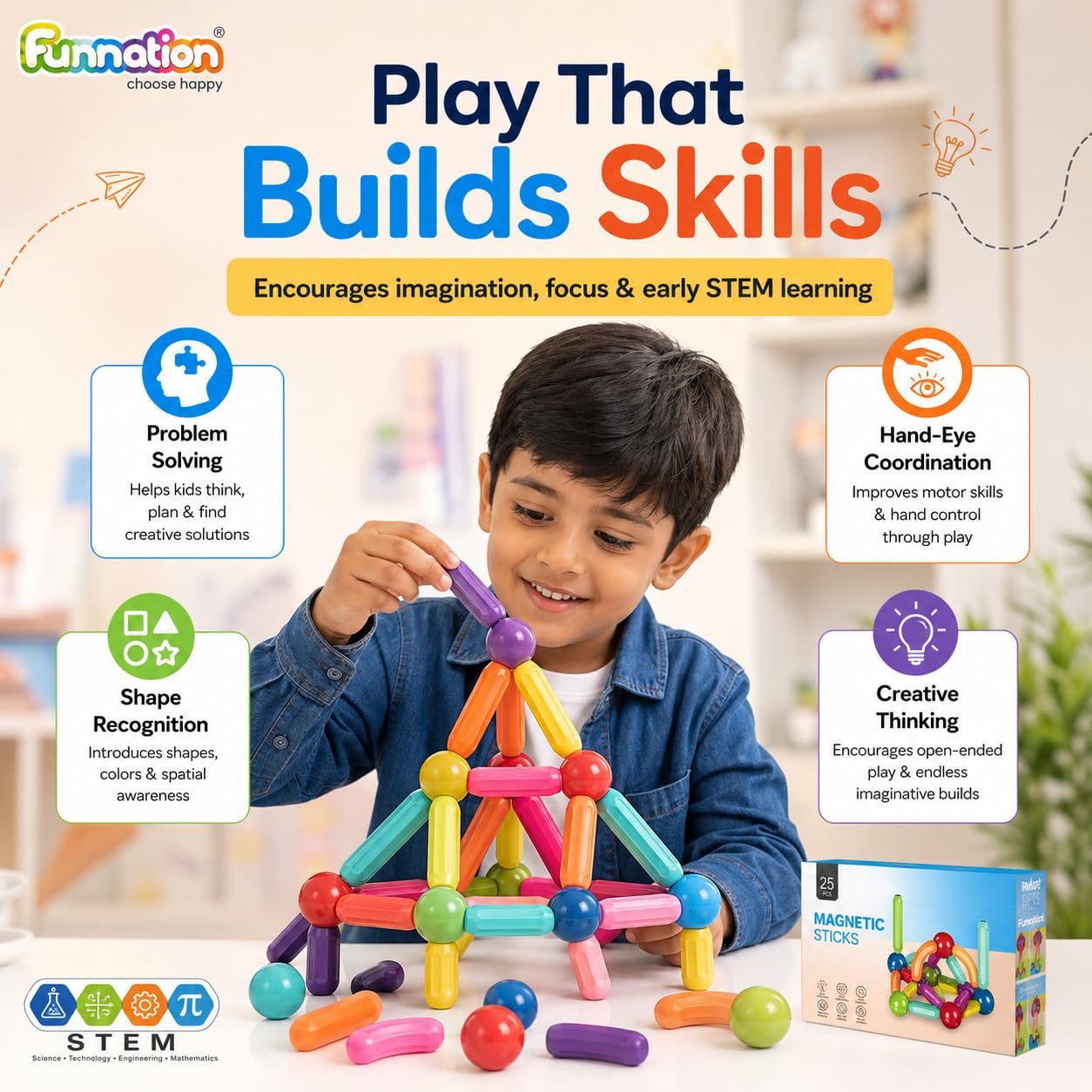 FUN NATION Magnetic Building Blocks for Kids | Magnetic Tiles & Pipe Construction Set | STEM Educational Magnet Toy for Boys & Girls Age 3+ | Creative Birthday Gift Toys for Boys & Girls