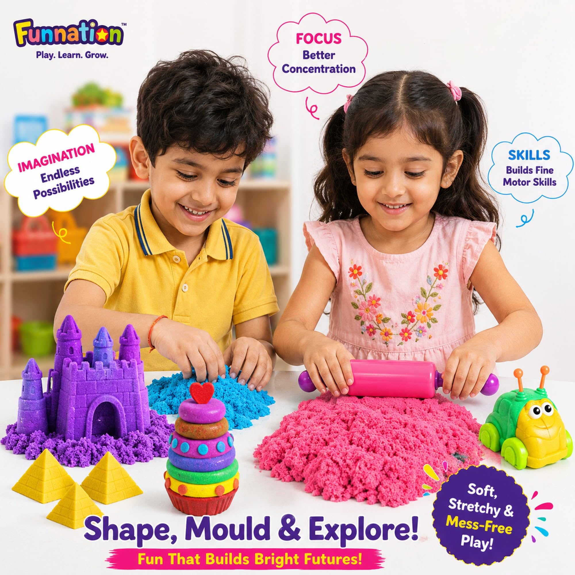 FUN NATION Kinetic Sand Art Kit | Non-Toxic Play Set with Castle Moulds | Summer Play hub Toys | Slime for Kids 3 to 10 Years | Birthday or Return Gift for Kids Age 6-10