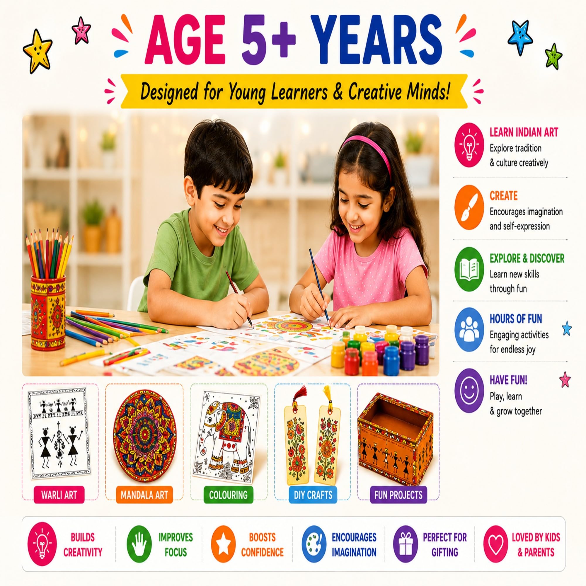 FUN NATION 5 in 1 Indian Art Craft Kit for Kids (5+ Years) | Drawing & DIY Activity Kit | Toys for Girls 7-14 Years | Gift for Girls Age 8-10 & 12-14 Years | Creative Learning Set