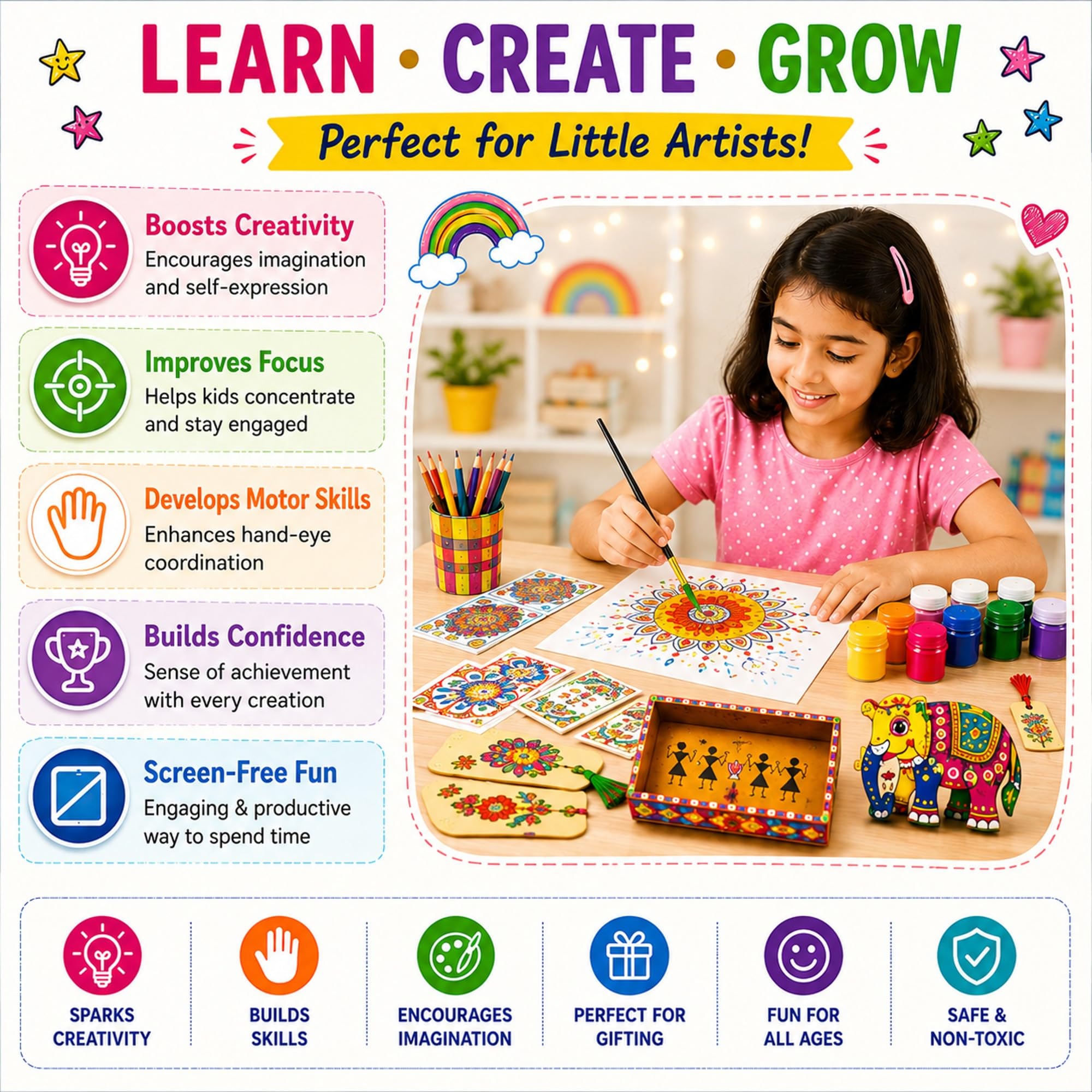 FUN NATION 5 in 1 Indian Art Craft Kit for Kids (5+ Years) | Drawing & DIY Activity Kit | Toys for Girls 7-14 Years | Gift for Girls Age 8-10 & 12-14 Years | Creative Learning Set